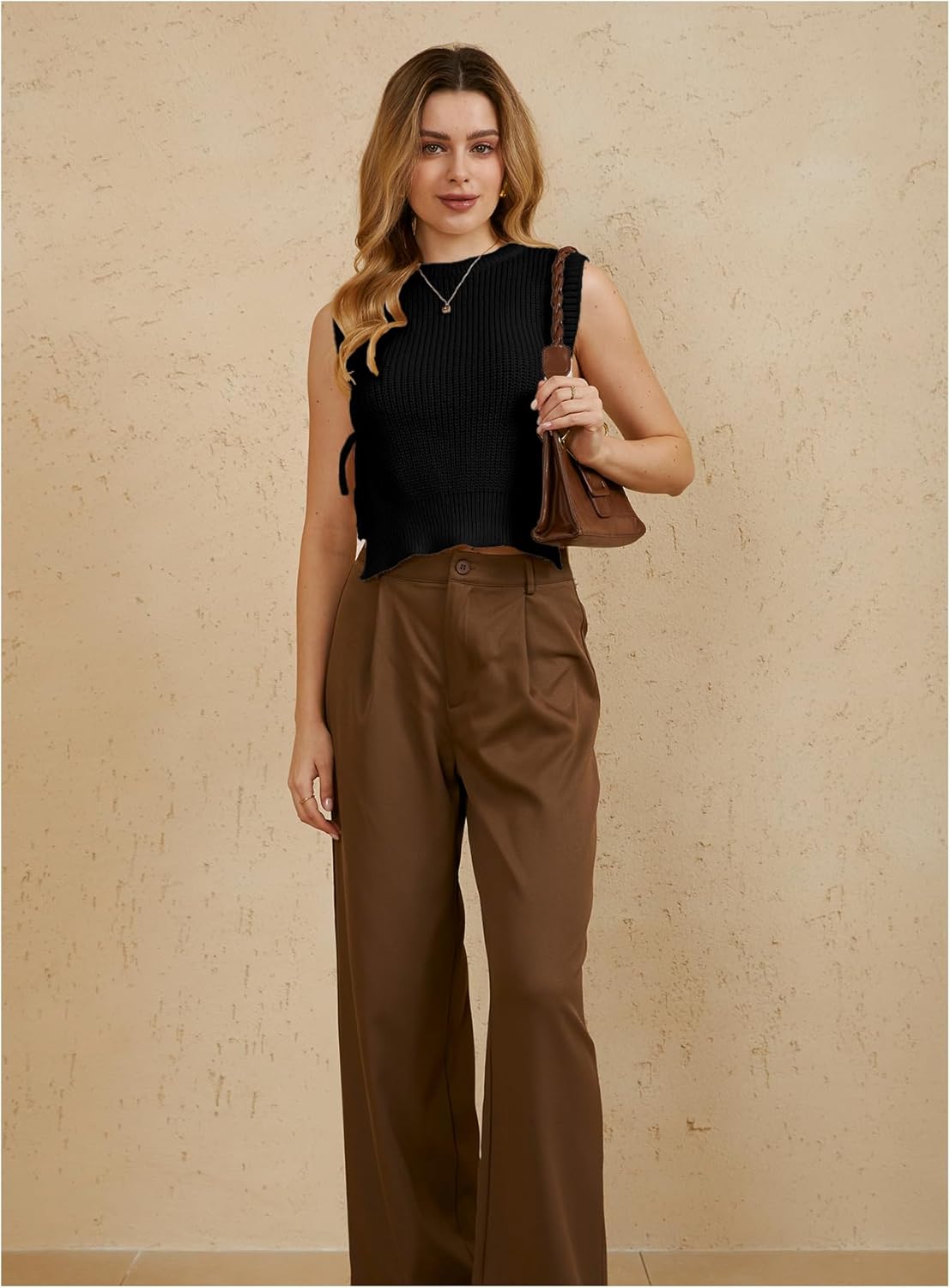 MakeMeChic Women's Tie Side Sweater Vest Tops Split Hem Knitted Sleeveless Crew Neck Tank Fall Top