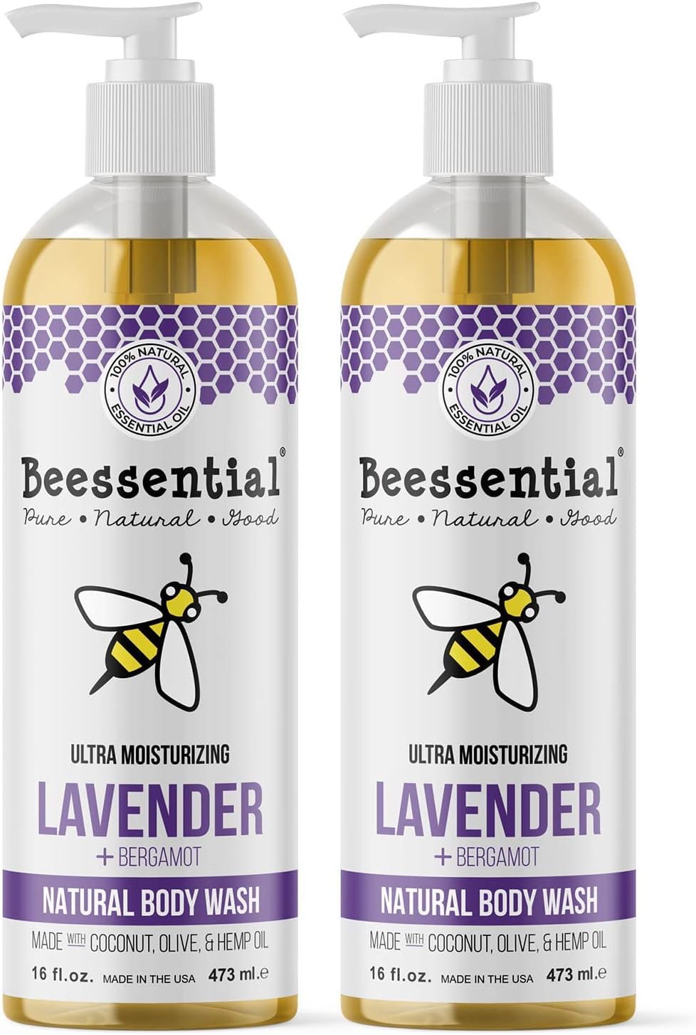 Beessential Natural Body Wash, Lavender, 2 Pack 16 oz | Sulfate-Free Bath and Shower Gel with Essential Oils for Men & Women
