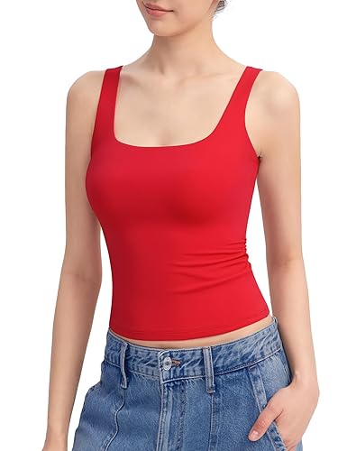 PUMIEY Women's Square Neck Tank Top Sleeveless Double Lined Basic