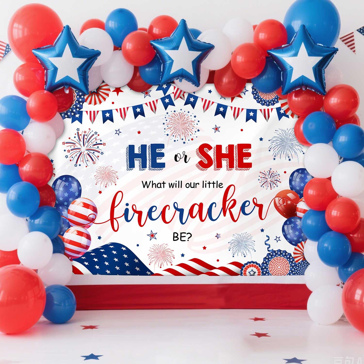 Fotohintergrund Für Gender Reveal – Unabhängigkeitstag, Feuerwerk-Motiv In Rot, Weiß, Blau