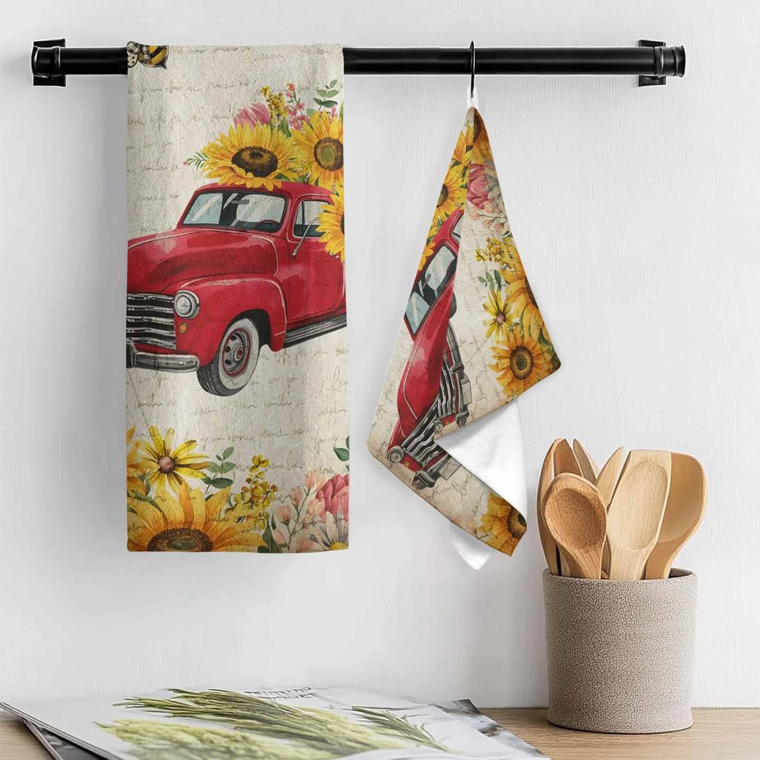 Kitchen Towel Tea Towels,Retro Red Farm Truck Yellow Sunflower Dish Towels Absorbent Quick Drying Hand Towel Dish Cloths 2 Pack,Rustic Bee Letter Back Soft Microfiber Dishcloth with Hanging Loop