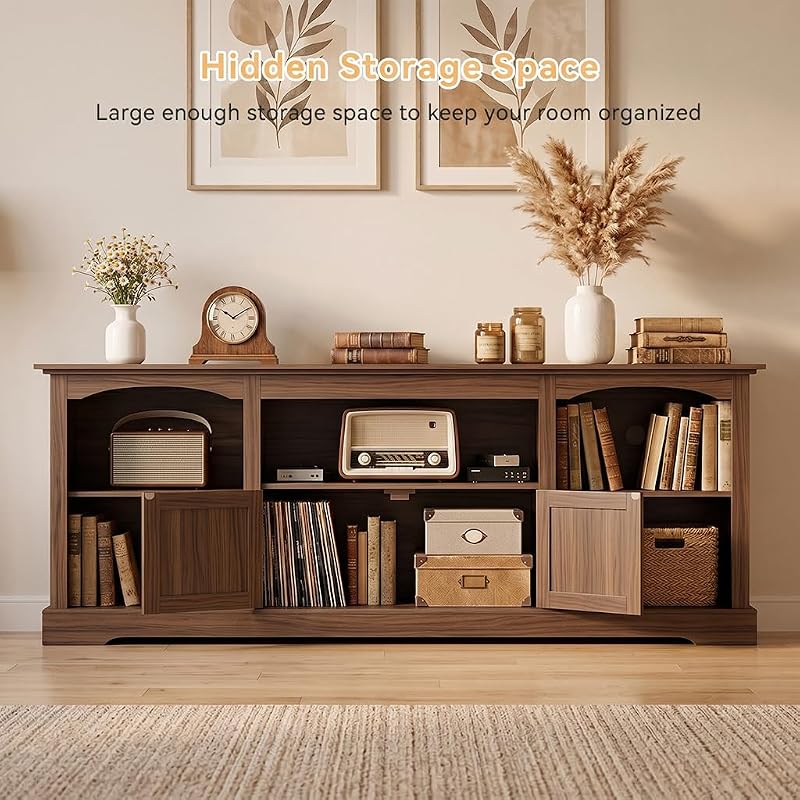 LUCKLIFE 71" TV Stand for TVs up to 80 Inch,Modern Farmhouse Entertainment Center with Arched Cabinet Doors & Open Adjustable Storage Shelves,Media Console Table for Living Room,Walnut image 7