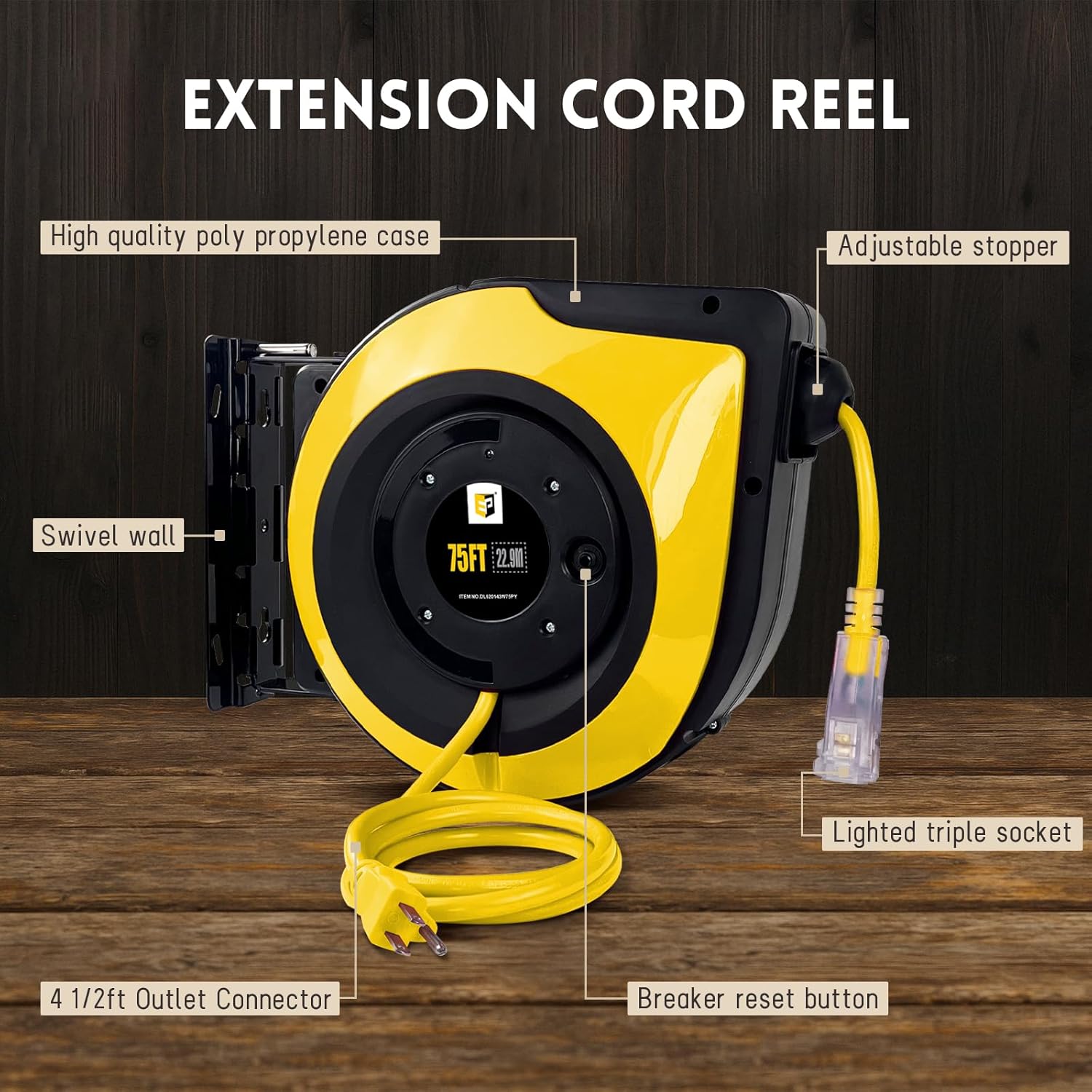 EP Retractable Extension Cord Reel,75 Feet 14 AWG/3C SJTOW Heavy Duty Power Cord,10 AMP Circuit Breaker, 3-Lighted Triple Outlets,Ceiling or Wall Mount Use Indoor, Yellow