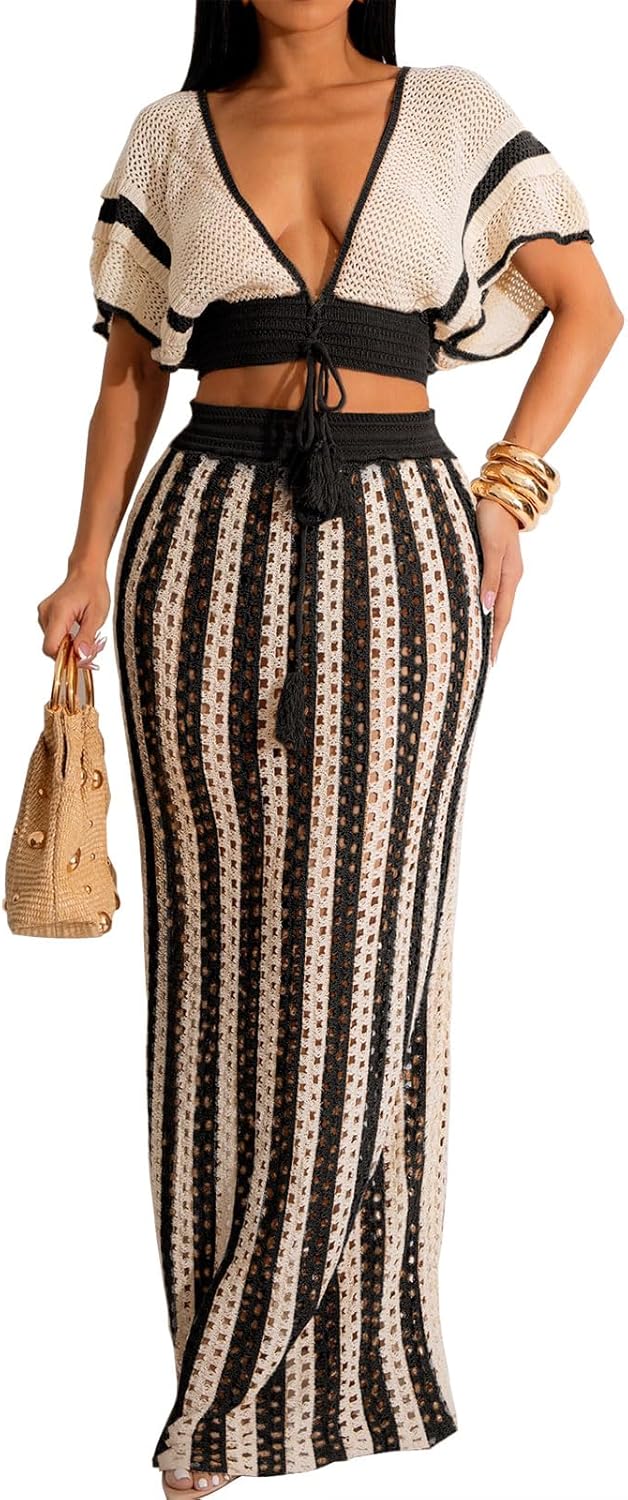 Angsuttc Skirt Sets Women 2 Piece Outfits Crochet Crop Tops and Striped Maxi Skirt Vacation Outfit