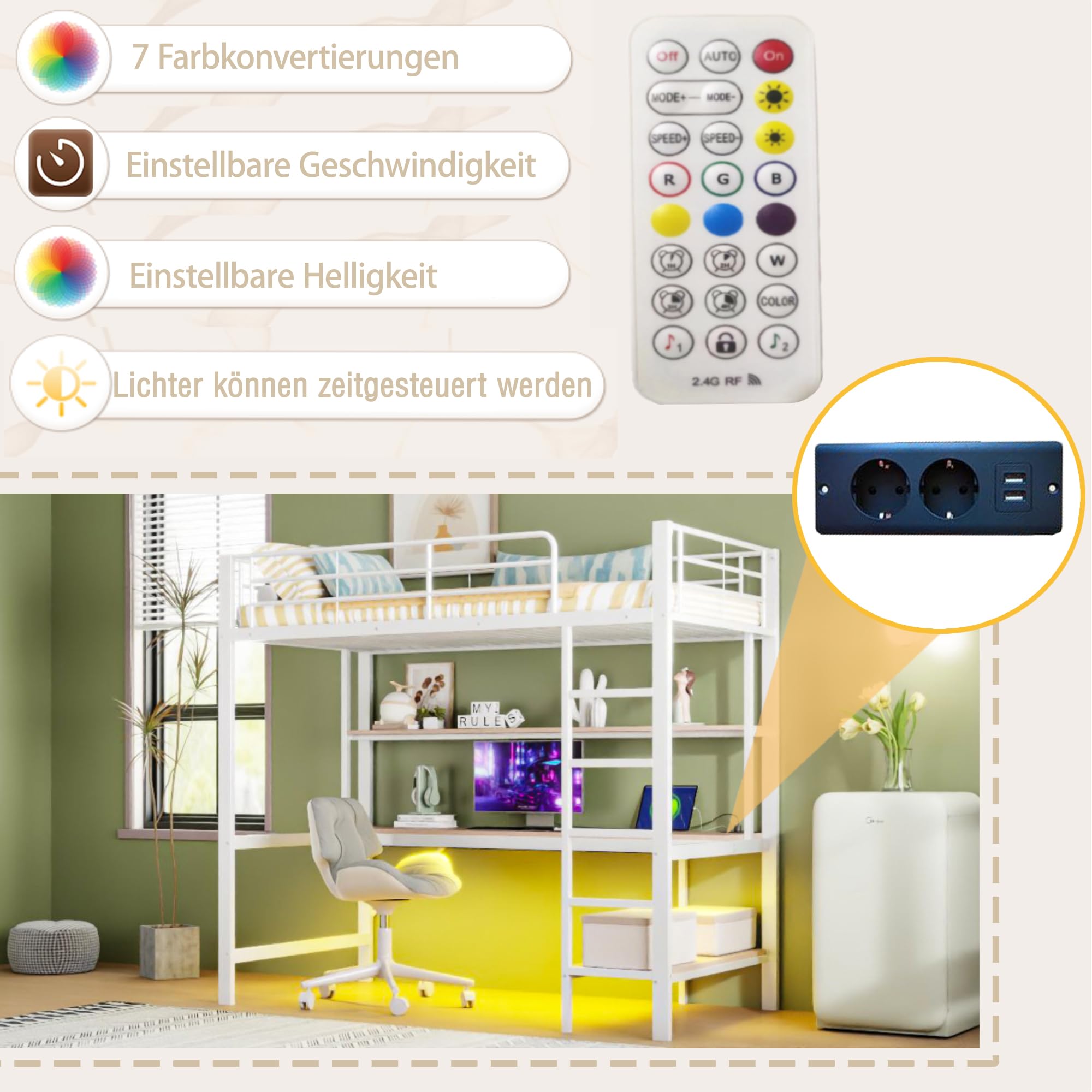 Lit Mezzanine Enfant Avec Bureau Et LED - 90x200 Cm, Blanc - Structure Métal Et MDF, échelle Incluse