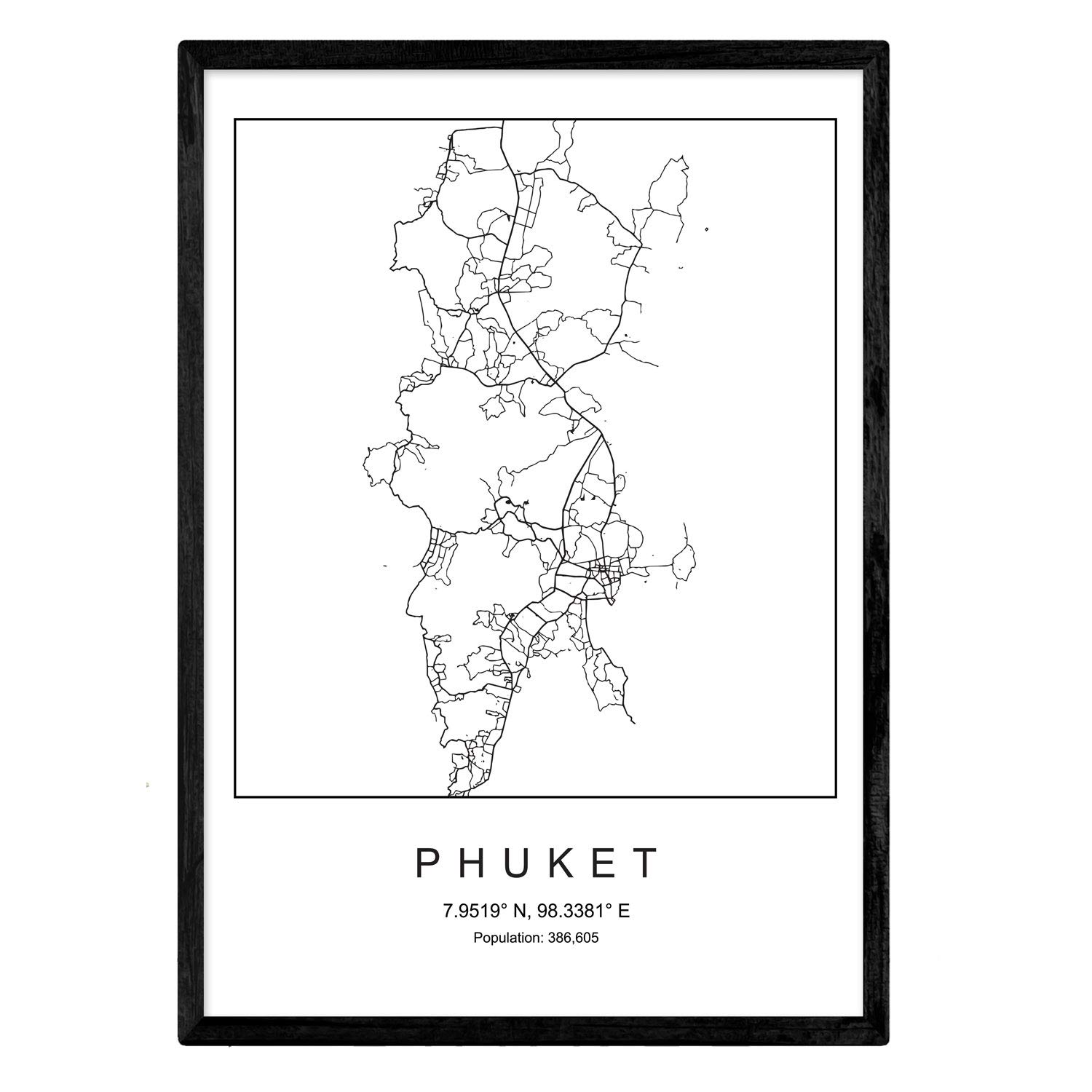 Print map of Phuket City Nordic style black and white. A3 size poster Printed paper No 250 gr. Paintings, prints and posters for living room and bedroom