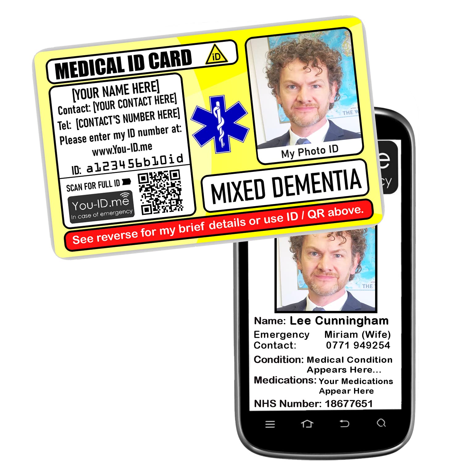 Medical Card, Photo ID, Emergency Alert Card, Customise with Name, Contacts, Number, Condition, Photograph, Works with You ID Me (Mixed Dementia)