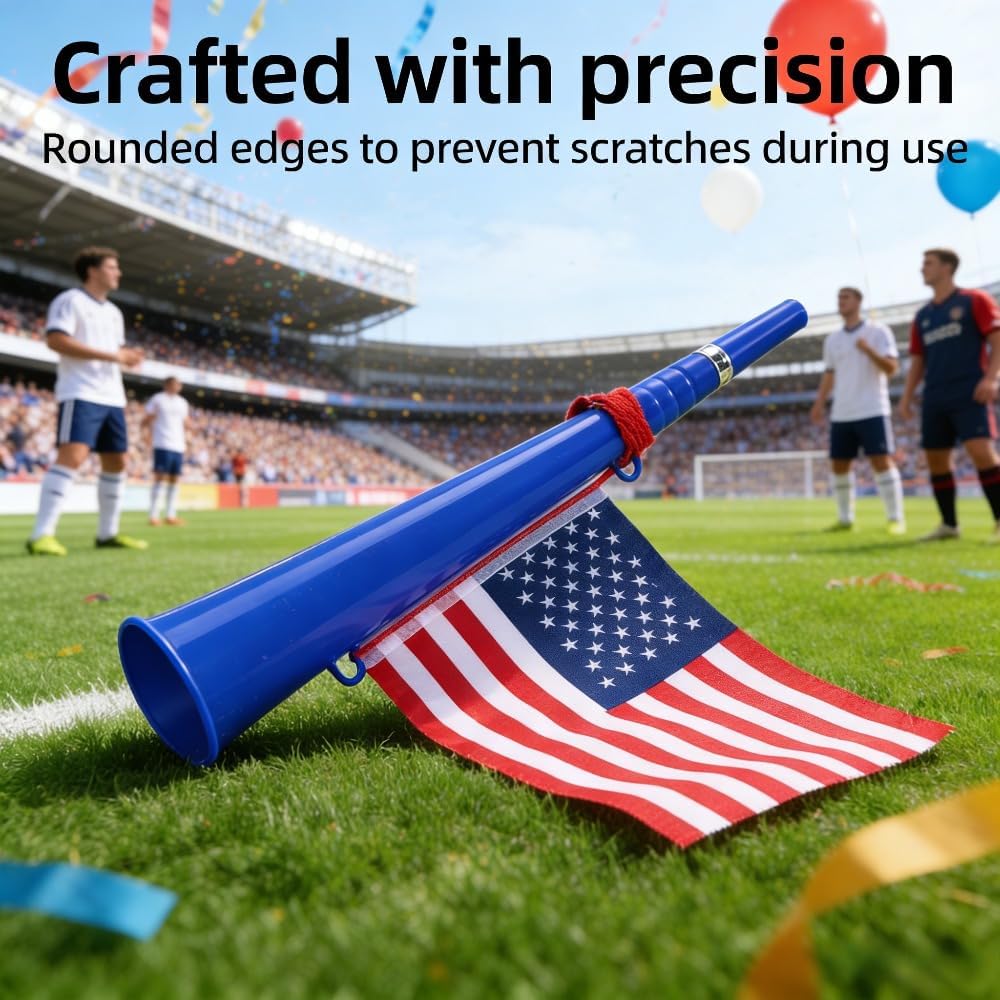 3 Pack USA Vuvuzelas with Flags Plastic Cheering Trumpets Noise Makers for Sports Football Stadium Parties Celebrations 14 Inch