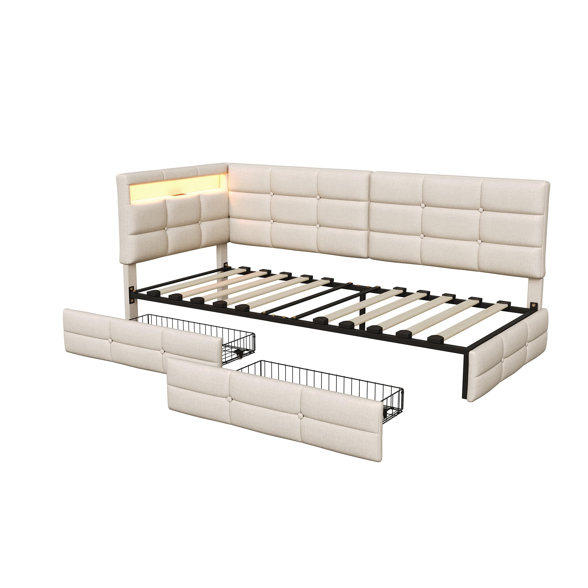 Polsterbett Schlafsofa 90x200 mit LED-Beleuchtung & USB-Ladestation, Jugendbett Tagesbett mit Stauraum & 2 Schubladen, Gästebett Bettgestell mit Lattenrost, Leinen Beige