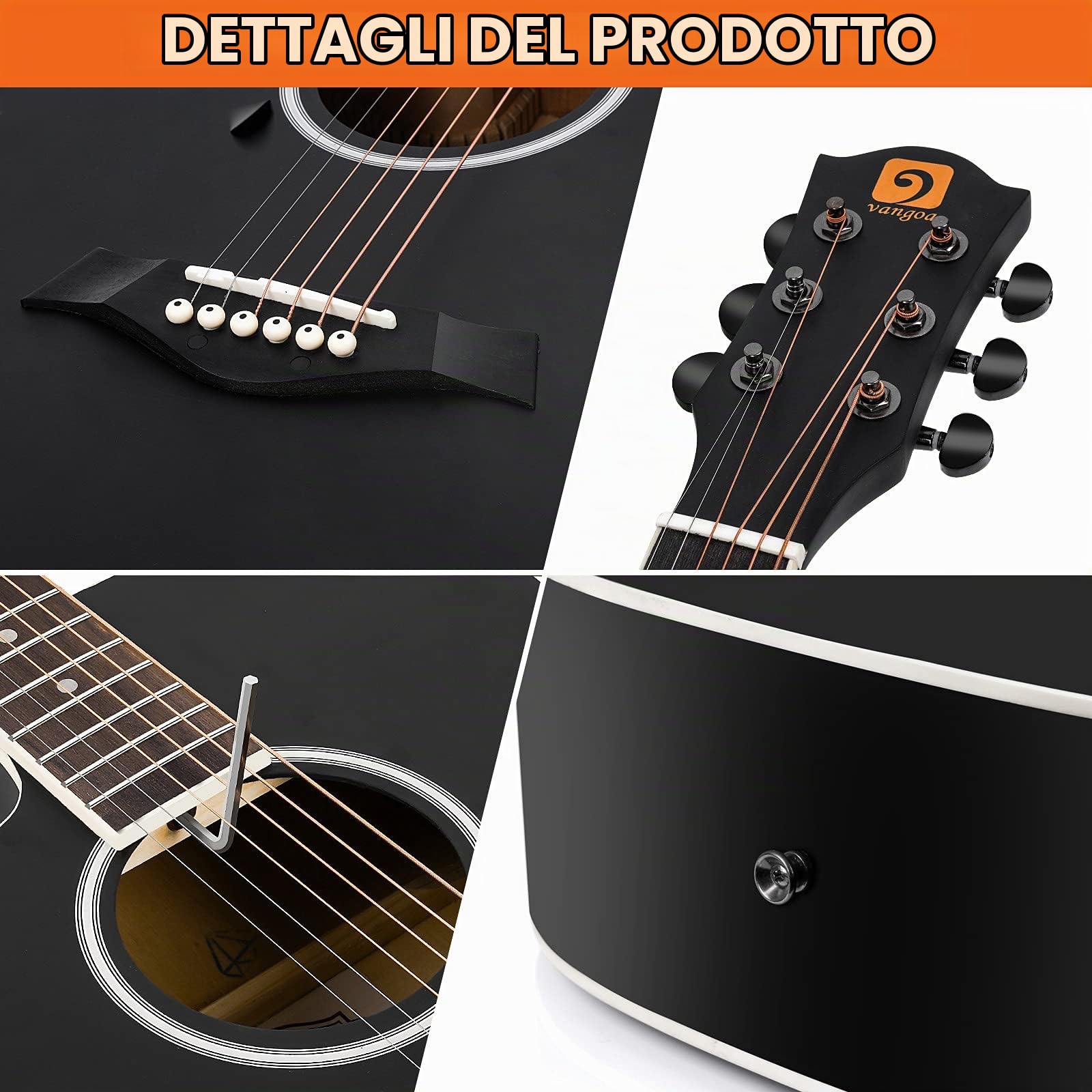 Vangoa 4/4 Chitarra per Mancini Principianti Adulti Mancina Acustica Chitarra Cutaway Left Handed Guitar Kits, Nero