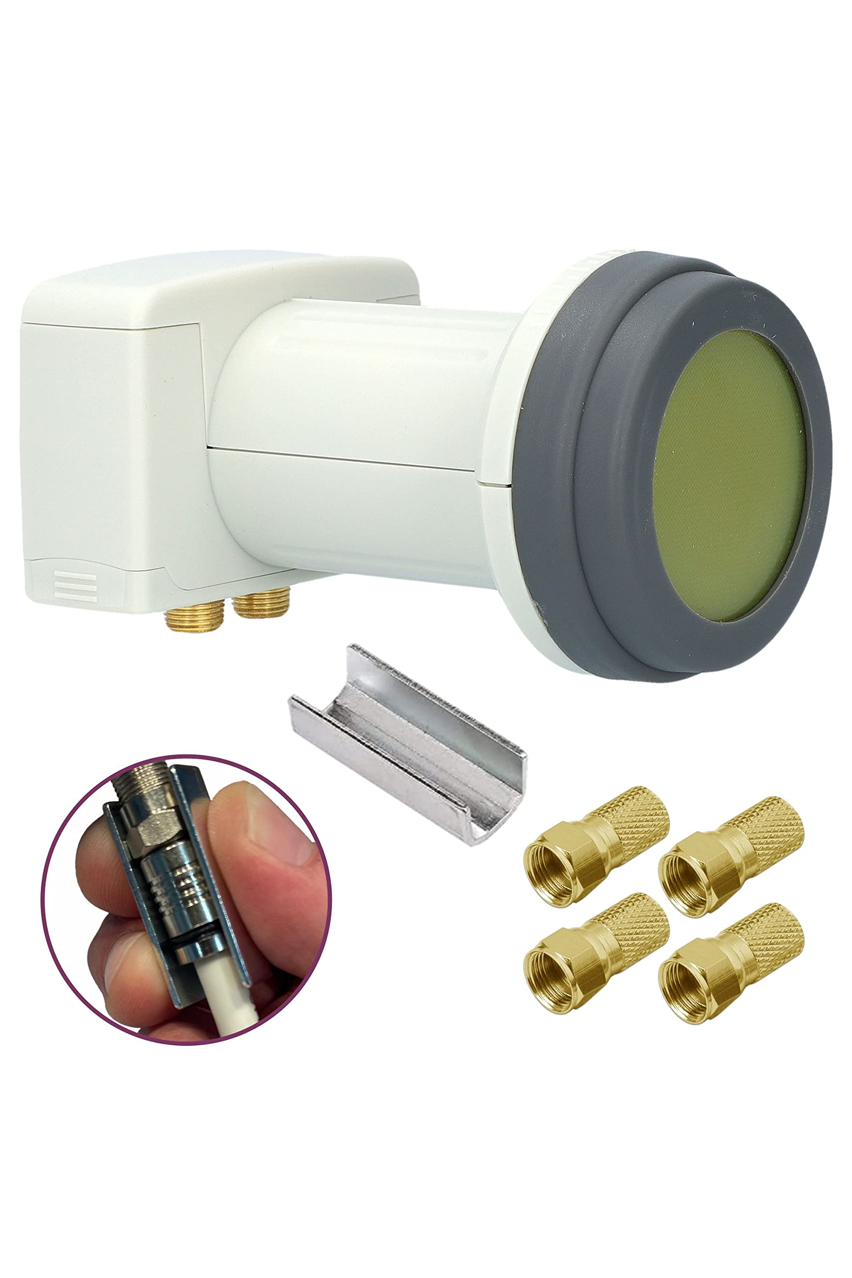 [ Test très bien, note 1.2 *] GSS Helios LNB double + 4 fiches F, avec blindage LTE et protection solaire UV, LNB HD 2 voies 4K pour 2 participants, pour récepteur satellite TV, pour parabole