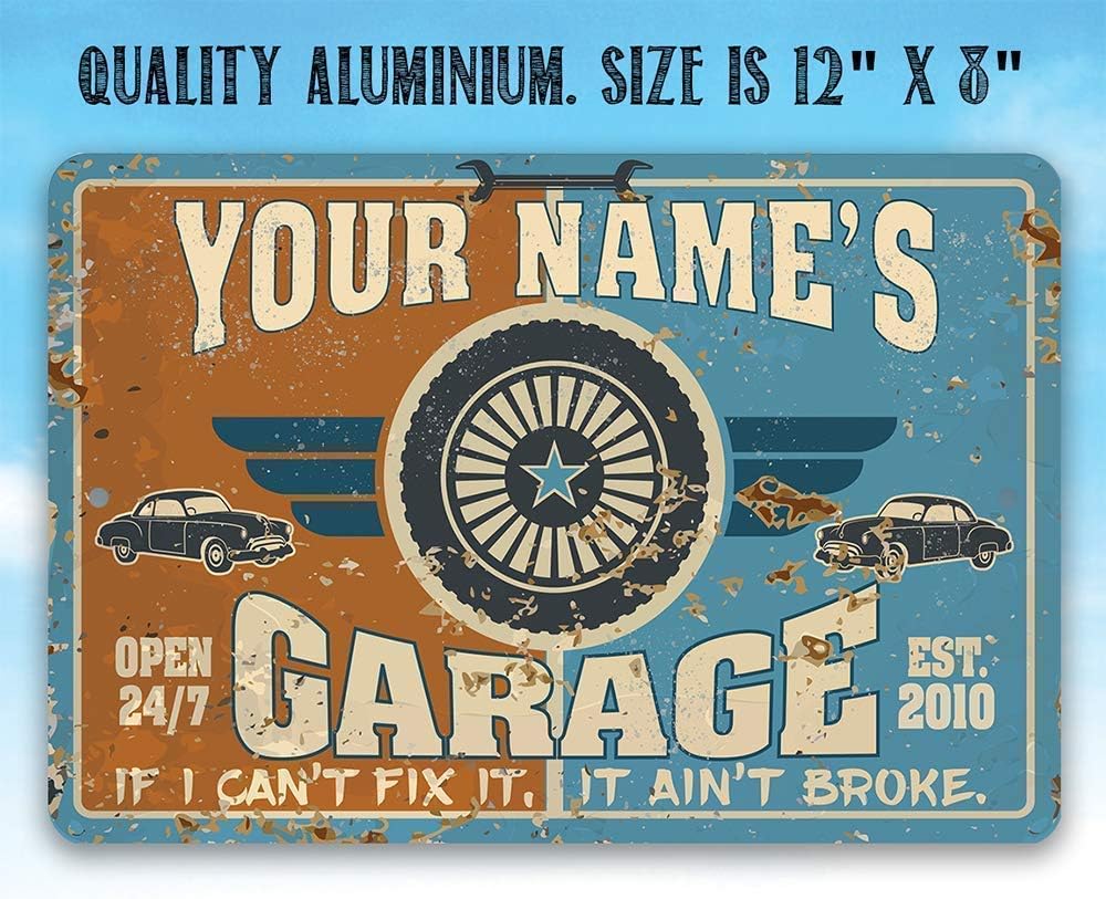 Personalized Garage - Vintage Workshop Garage Sign for Men, Auto Shop Decor and Man Cave Accessories, Mechanic Gift for Father's Day, 8x12 or 12x8 Indoor or Outdoor Rustic Style Metal Tin Sign