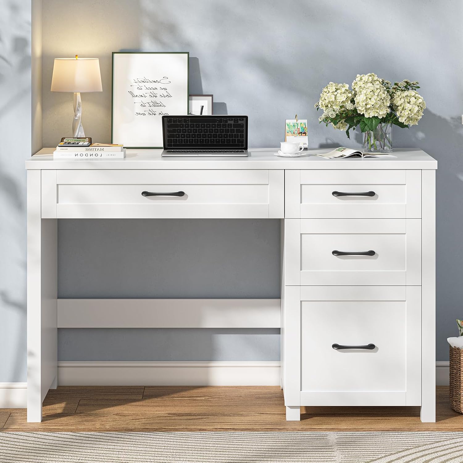 Farmhouse 47" Executive Desk with File Drawer, Wood Computer Desk with 3 Storage Drawers, Workstation for Home Office, Study, Writing(Cream White)