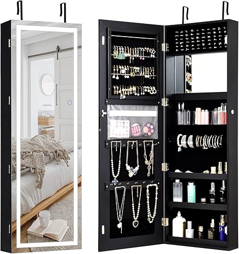 CHARMAID Armario de joyería con espejo de pantalla táctil LED armario de joyería montado en la paredpuerta de 475 pulgadas con espejo de longitud