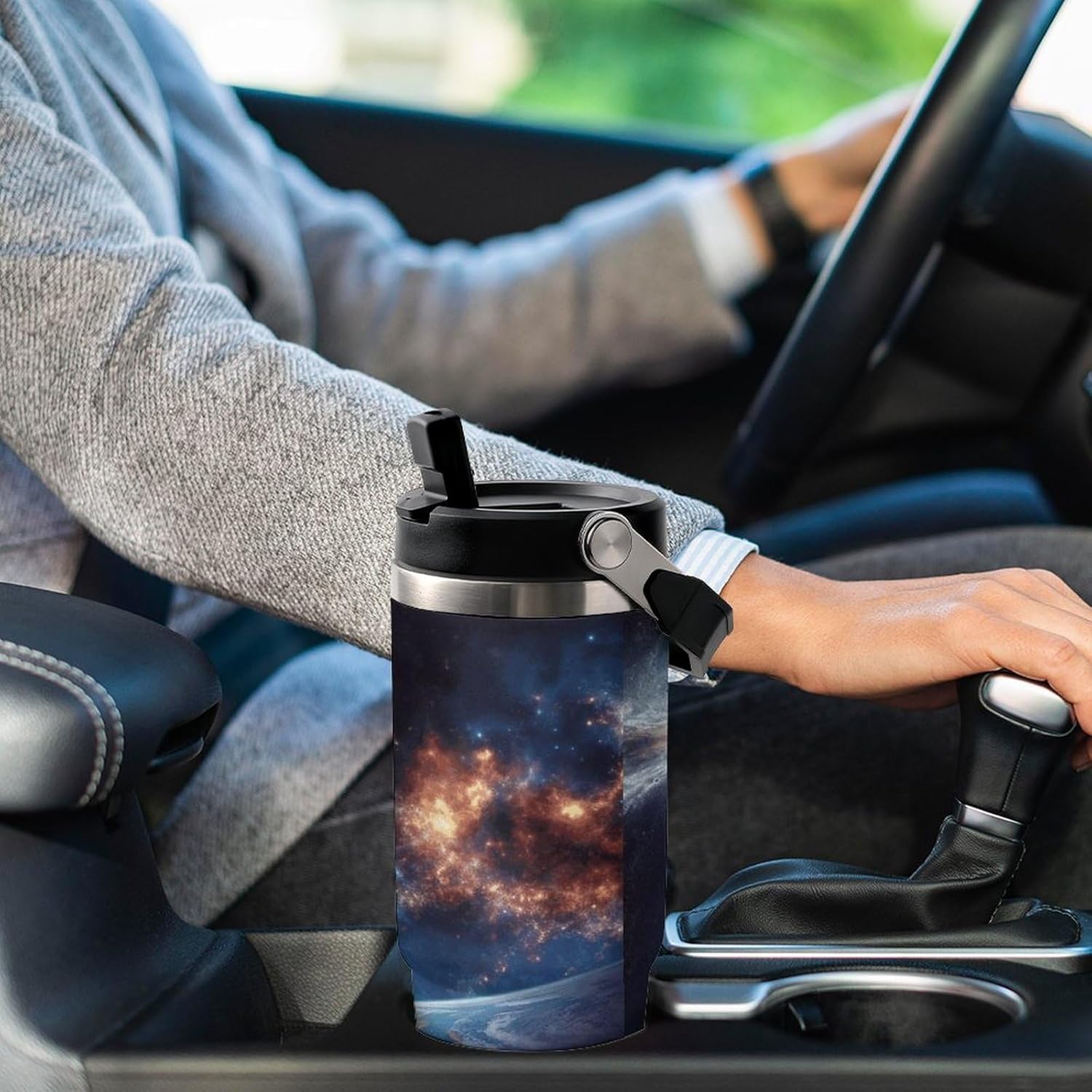 30oz Insulated Tumblers with Top Handle, Stainless Steel Universe Galaxy Outer Space Car Cup with Straw for Gift, Leak-Proof Double Wall Vacuum Travel Mug, Personalized Water Bottles Black