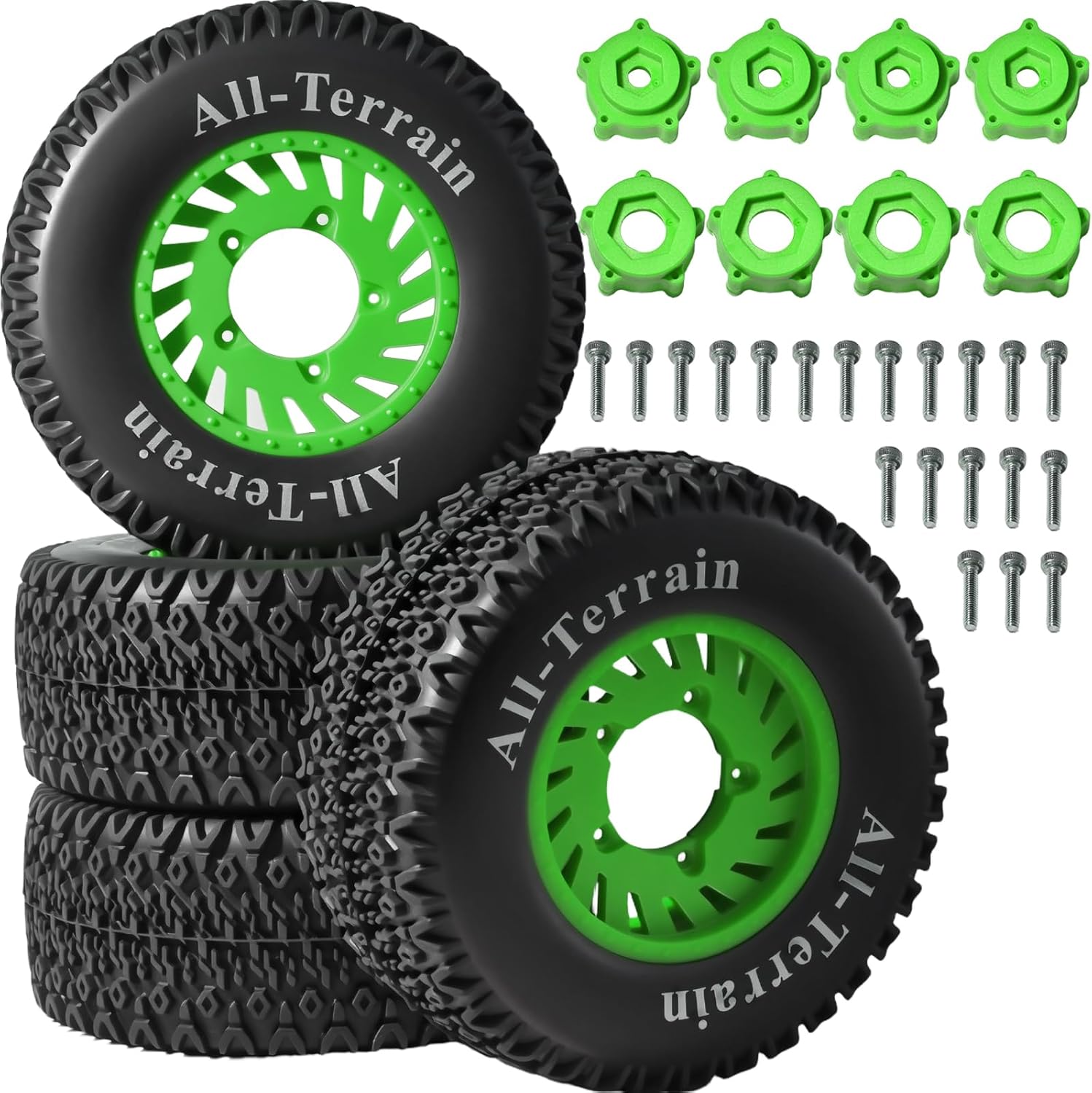 4PCS 1/10 RC Short Course Truck Tires, All-Terrain Rubber Tire and Nylon Wheel with 12mm/17mm Hex Compatible with 1/10 Traxxas Slash 4WD 2WD Arrma Senton Axial Losi Redcat RC Buggy, Green