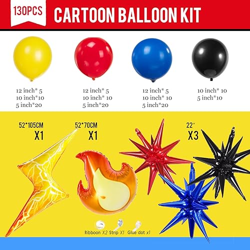 Miniatura 7 de Kit de guirnalda de globos rojos, amarillos, azules y negros, 130 piezas con globos de mylar con destello de fuego, Starburst, para decoración de