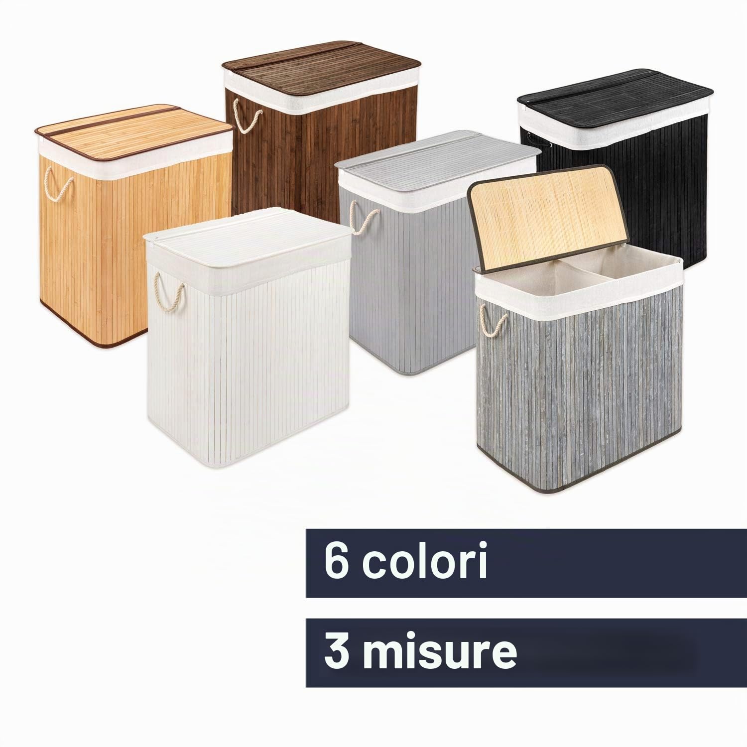 Cesto per il bucato con coperchio e 2 scomparti - robusto contenitore per il bucato in bambù - cesto per il bucato naturale con sacchetto per il bucato, lavabile - 100% bambù - 150 litri | Sacco portabiancheria rimovibile, 2 manici