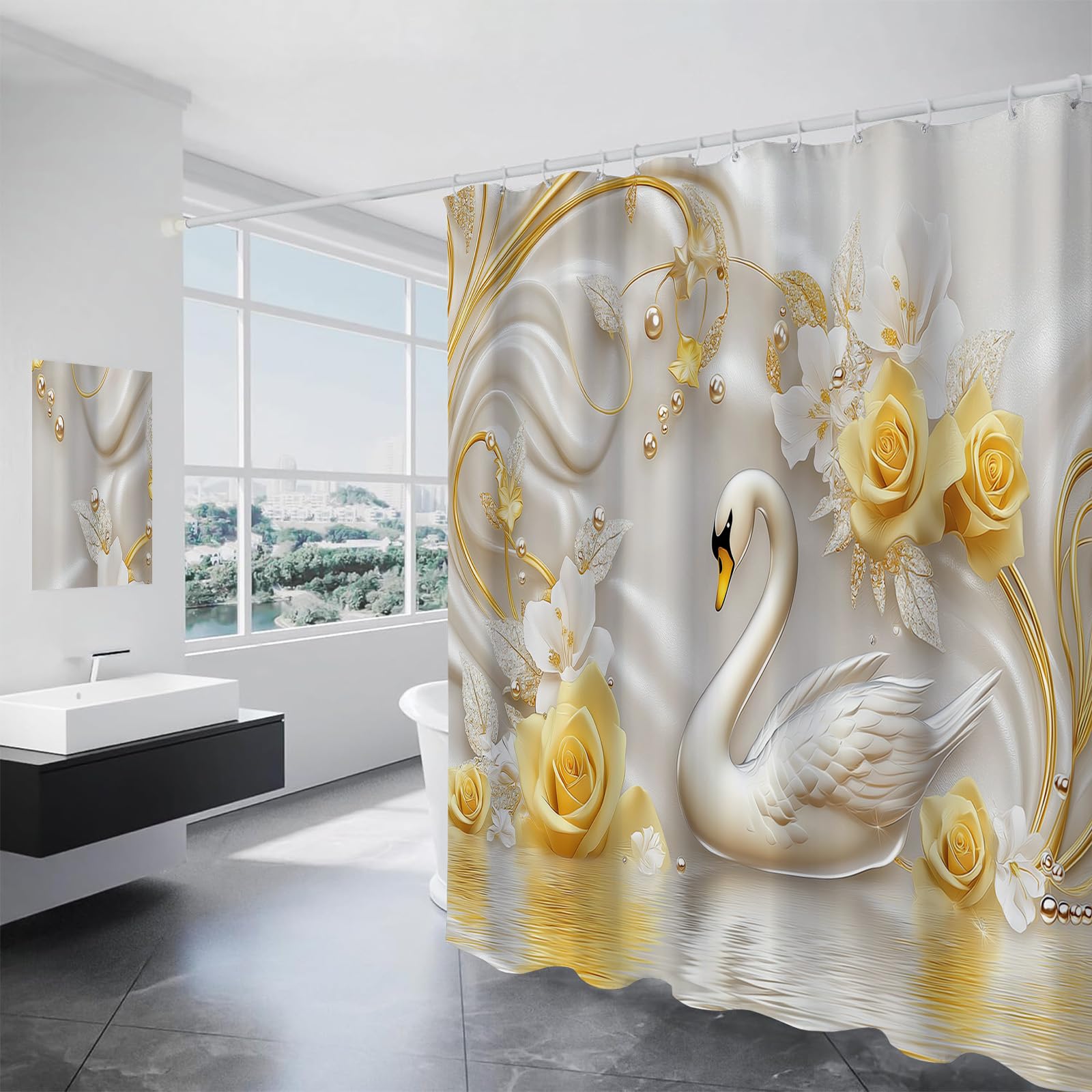 Rideau douche tourbillons dorés style chic pour habiller votre baignoire