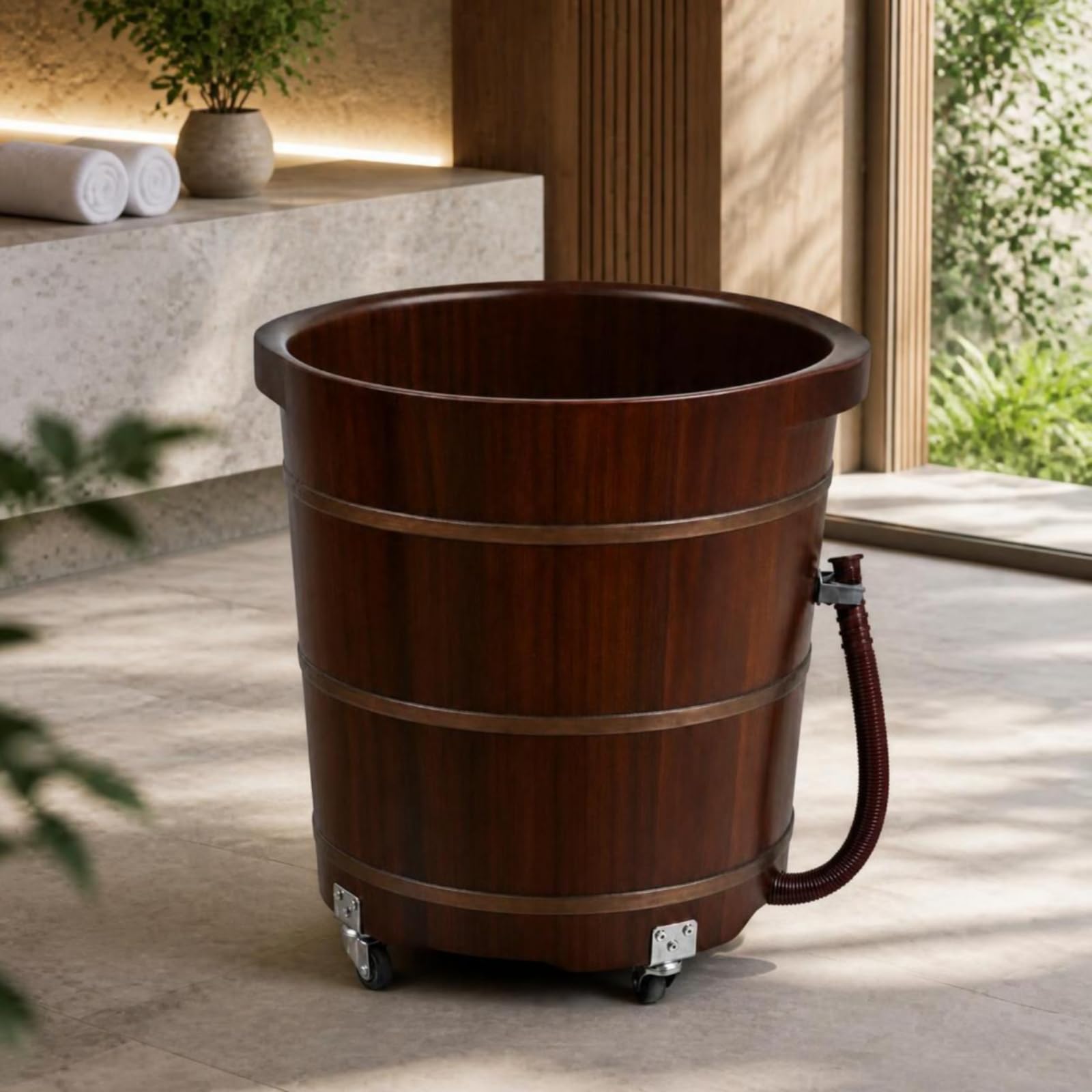Fußbadezuber aus rustikal Fußbadewanne aus tief Fußbecken mit Ablaufschlauch für Pediküre, Badezimmer, 40 Cm, Pfirsichkernholz, Doppelohr, Mit Rollen, 40 Cm Hoch