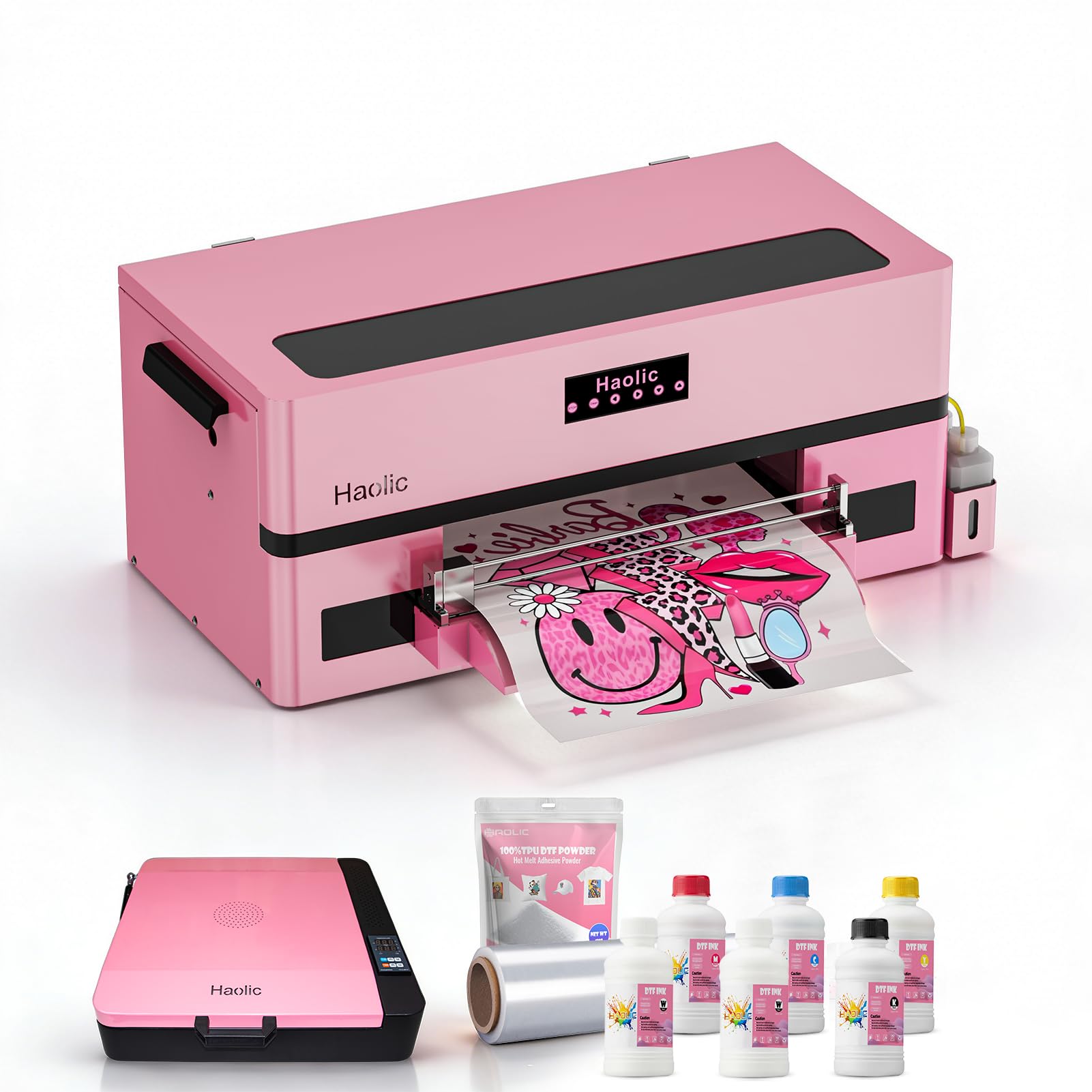 DTF Pink Printer XP600 for T-Shirt Printing 13-inch Transfer Printing Machine with White Ink Circulation Full Bundle for Small Business (Printer+A3 Oven+Roll Film+6x250ml Ink+Hot Melt Powder)