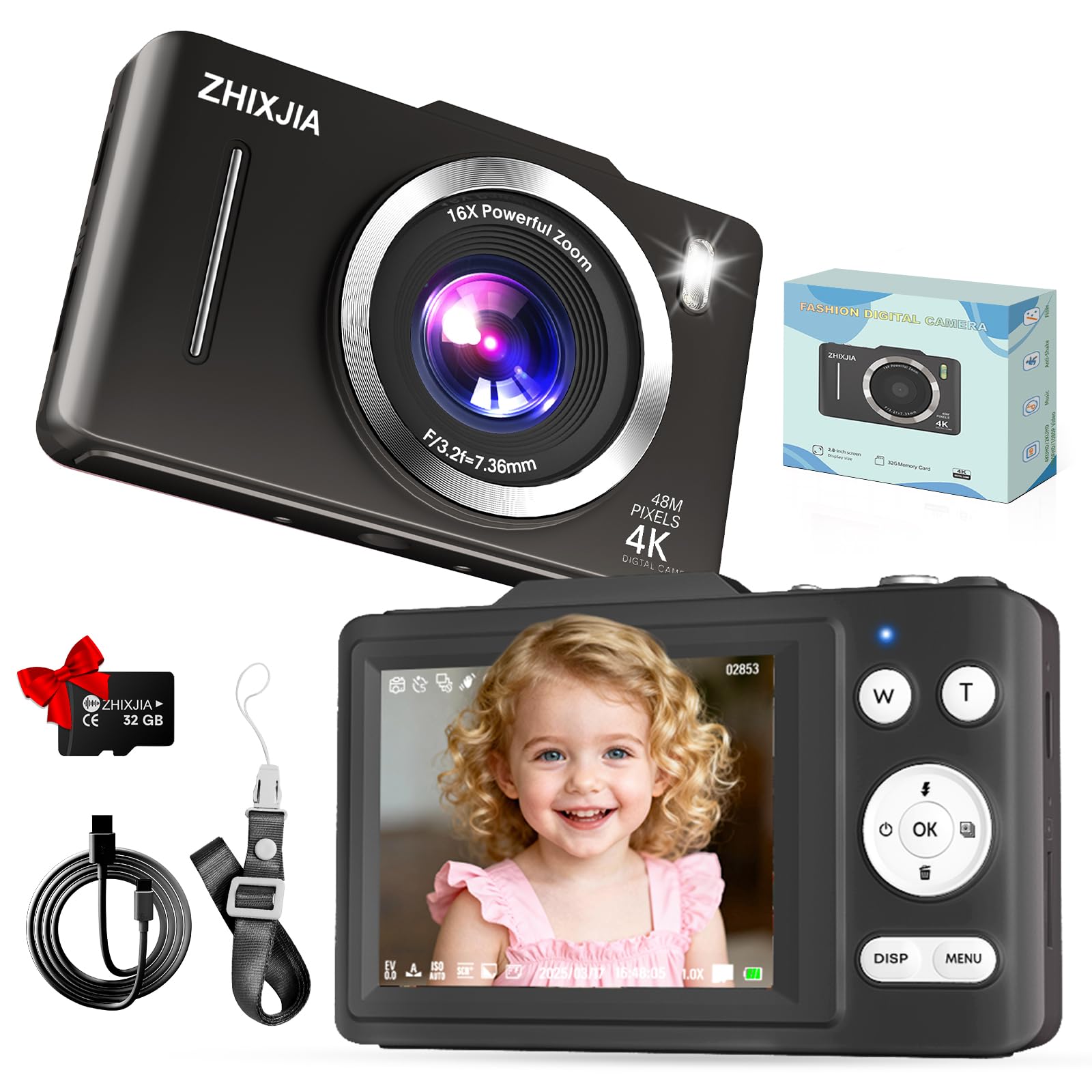 Digital Camera, Autofocus 4K Point and Shoot Digital Cameras with 16X Zoom Anti Shake, 48 MP Cameras for Photography with 32GB Card, Compact Portable Small Camera for Kids Girls Boys Beginners, Black