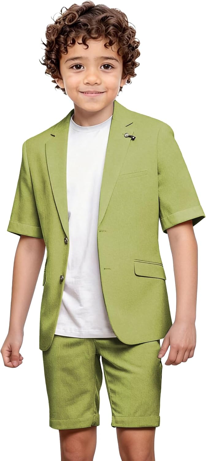 Boys Linen Suit 2 Piece Casual Shorts Suit for Boys Summer Beach Wedding Homecoming Boy Ring Bearer Outfit