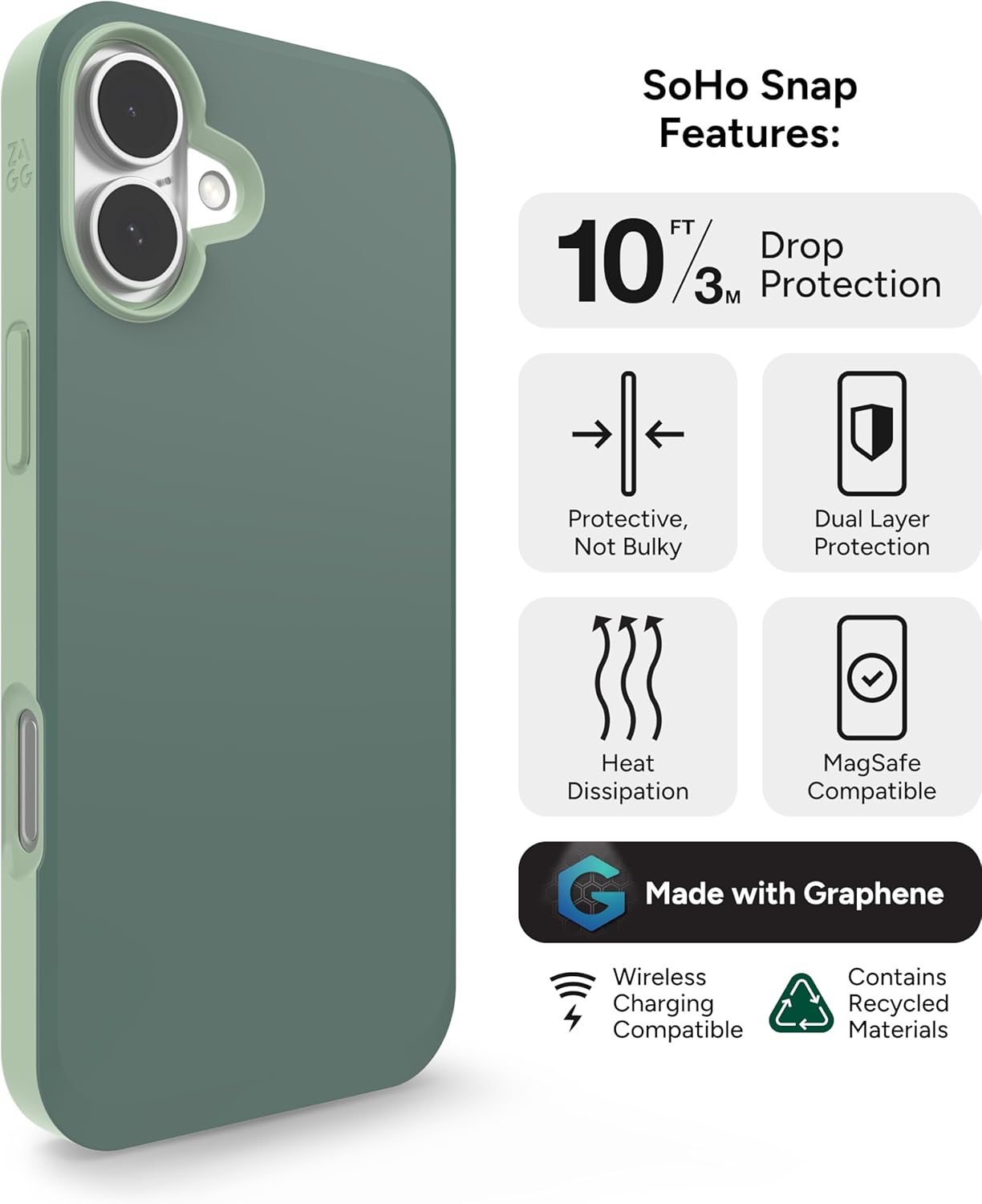 ZAGG SoHo Snap Case for iPhone 16 Plus - MagSafe Compatible, 10ft Drop Protection, Graphene-Infused, Wireless Charging, Eco-Friendly, Two-Tone Design, Green - Image 3