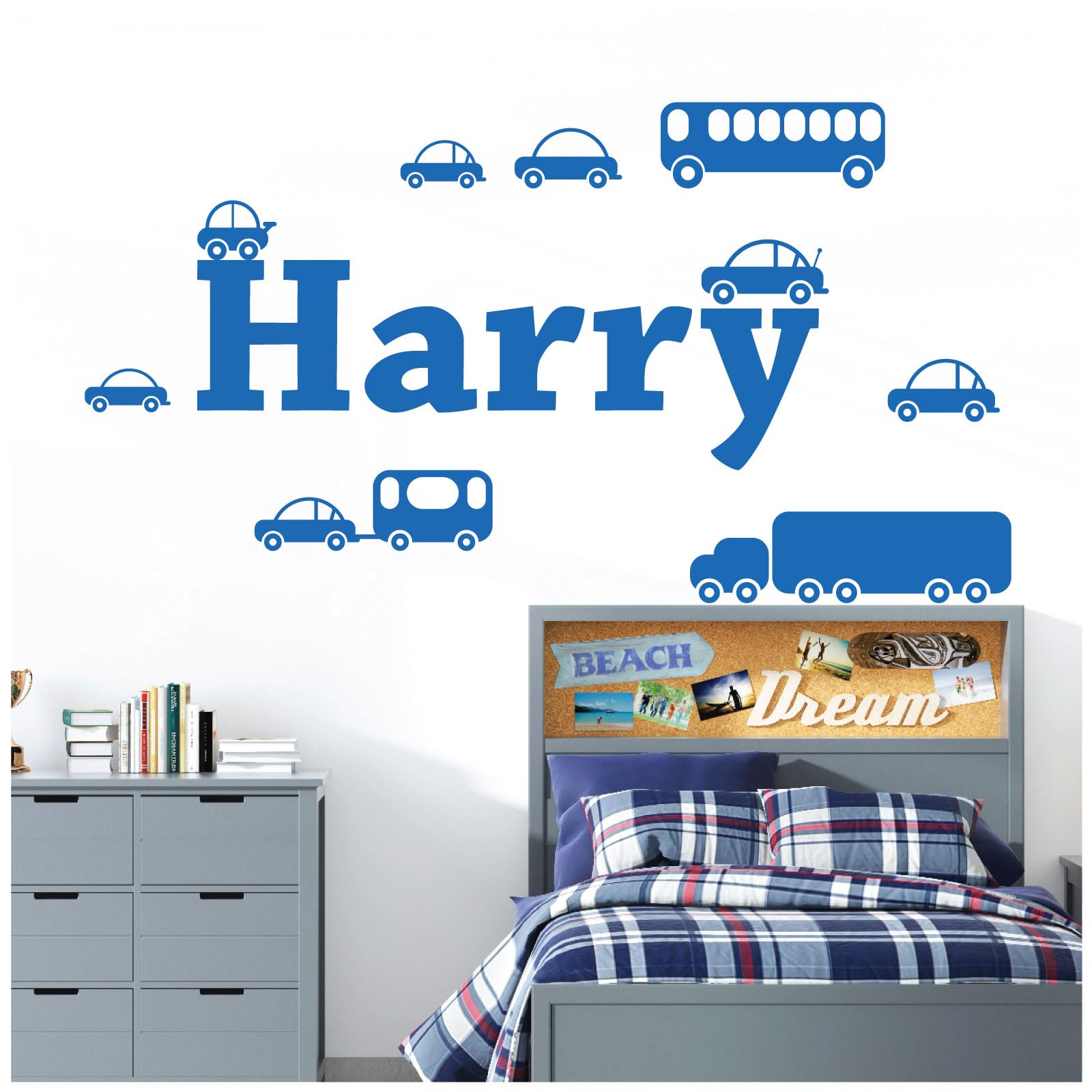 Personalised Name Boys Wall Art Sticker - Cartoon Trucks, Cars, Bus, Caravan, Taxi Set [Medium] [Marina] — image 1