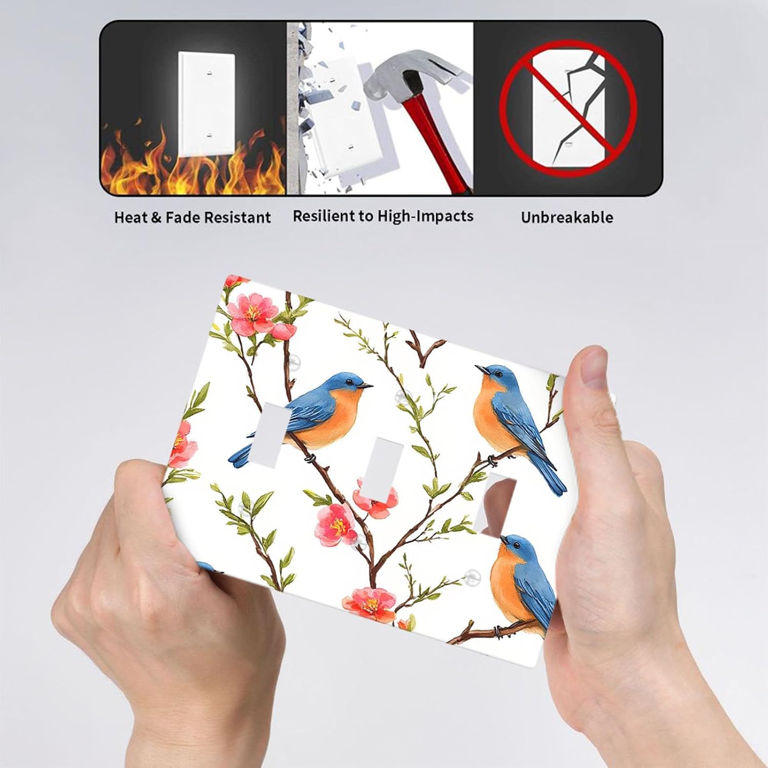 Moslion Blue Hummingbird Red Flower 3-Gang Switch Plug Covers Cute Birds Tree Green Leaves Triple Toggle Wall Plate Decor Light Covers for Home Kitchen Bedroom image 3