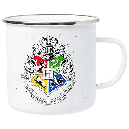 Silver Buffalo Harry Potter Hogwarts Varsity Alumni Features Hogwart Houses Crest Gryffindor, Slytherin, Hufflepuff, and Ravenclaw Enamel Camper Mug, 21 Ounces