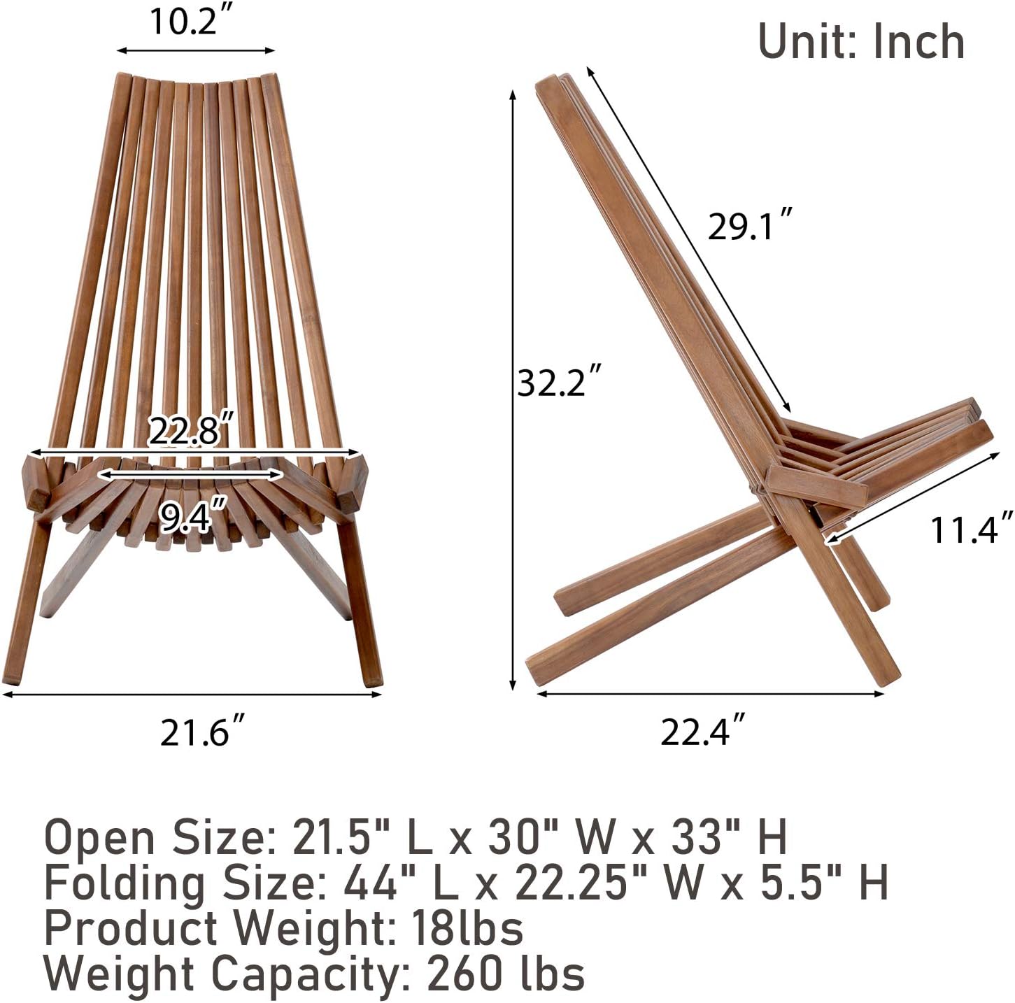 Wooden Patio Chairs Folding Garden Chairs Low Profile Acacia Solid Wood Outside Foldable Lounge Chair for Indoor Outdoor Handcrafted Patio Seating Fully Assembled Beach Yard Balcony Furnitur