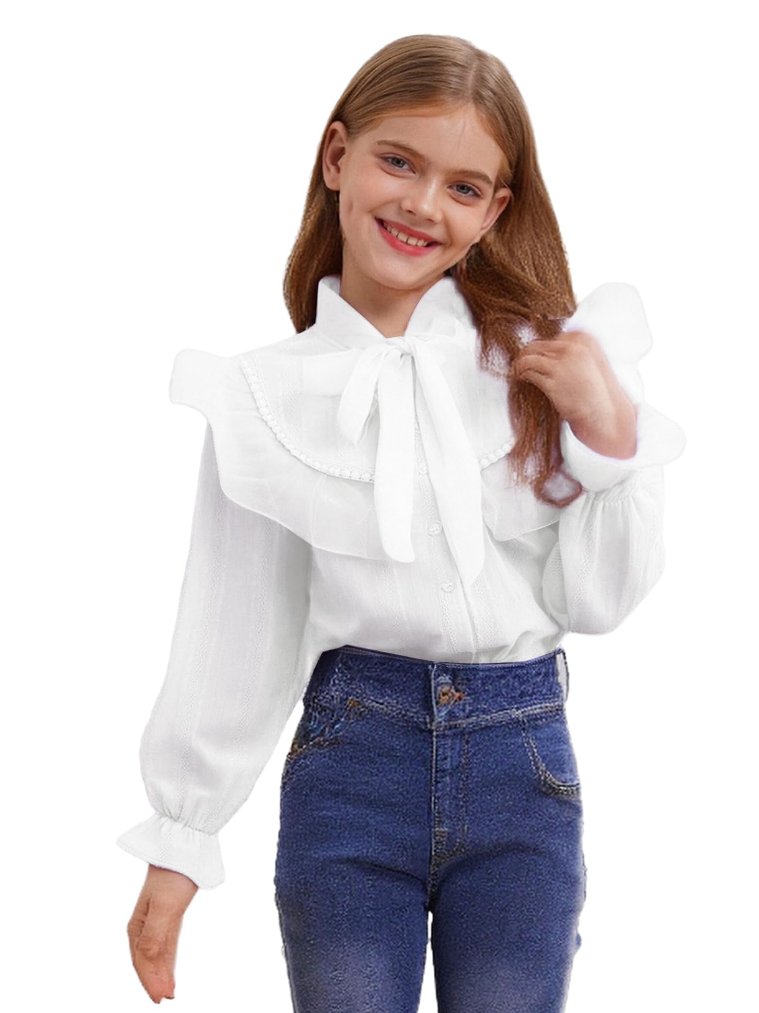 Bluzka z falbankami dla dziewczynek z długim rękawem Crop Top Button Down Shirt z kokardką szyfonowa dla dzieci w wieku 3-16 lat