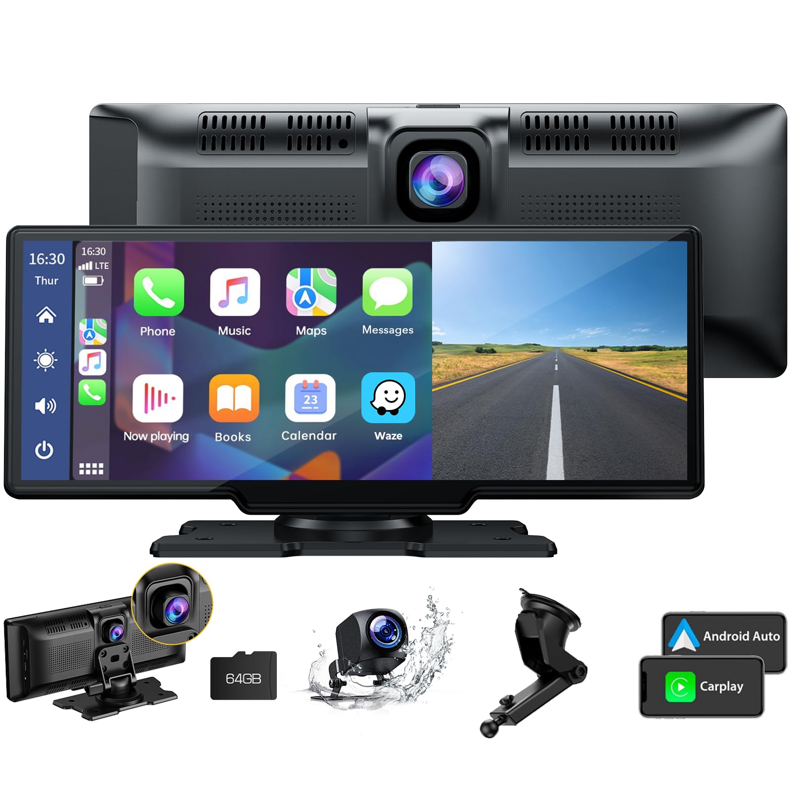 Senza Fili Autoradio,Wireless A-pple Carplay & Android Auto con Dash Cam Anteriore 2K,Telecamera di Backup 1080P, Portatile 9,26 Pollici Stereo Auto con Siri/Bluetooth/GPS/FM/AUX/Airplay/Scheda SD 64G