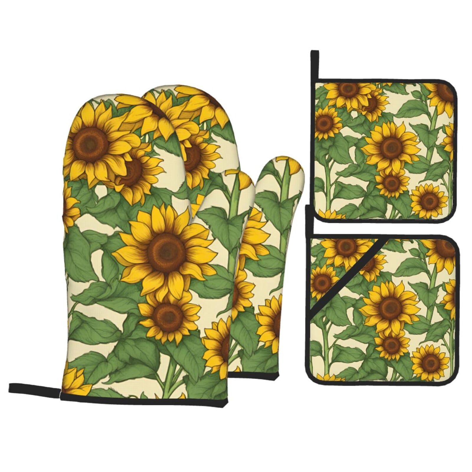Sunflower Print 4-Piece Oven Microwaving Set Waterproof Kitchen Gloves for Baking Grilling Cooking