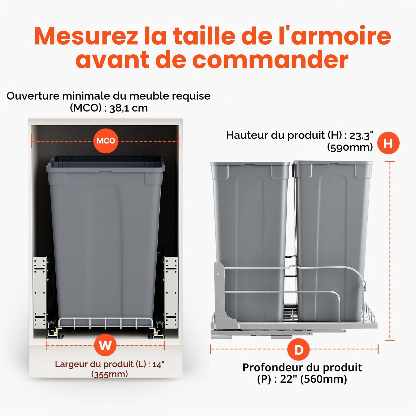 VEVOR Poubelle Coulissante sous Évier et sous Plan 2x43,4 L, Collecteur de Déchets avec Système Coulissant en Métal à Fermeture Douce, Système de Tri Sélectif Placard Meuble Bas, Cuisine, Gris