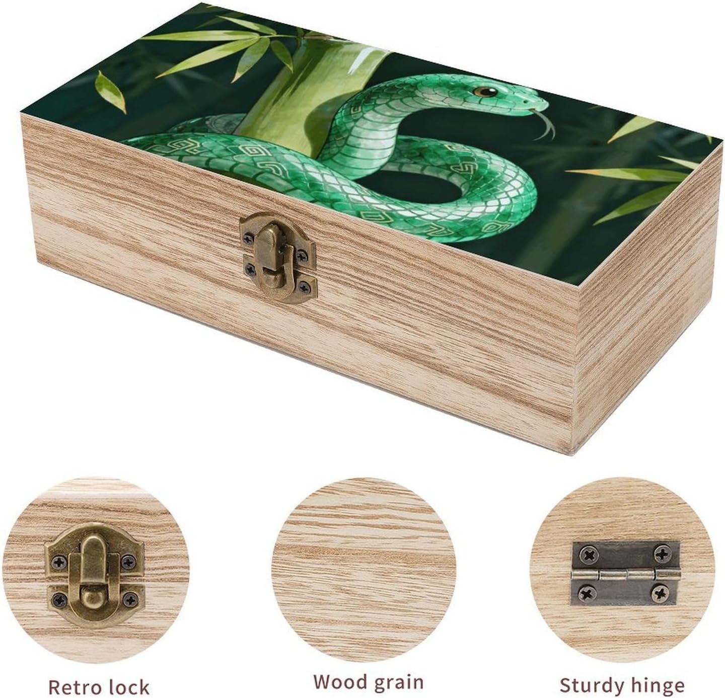 Vintage Wooden Storage Box with Hinged Lid, Jade Snake image 3