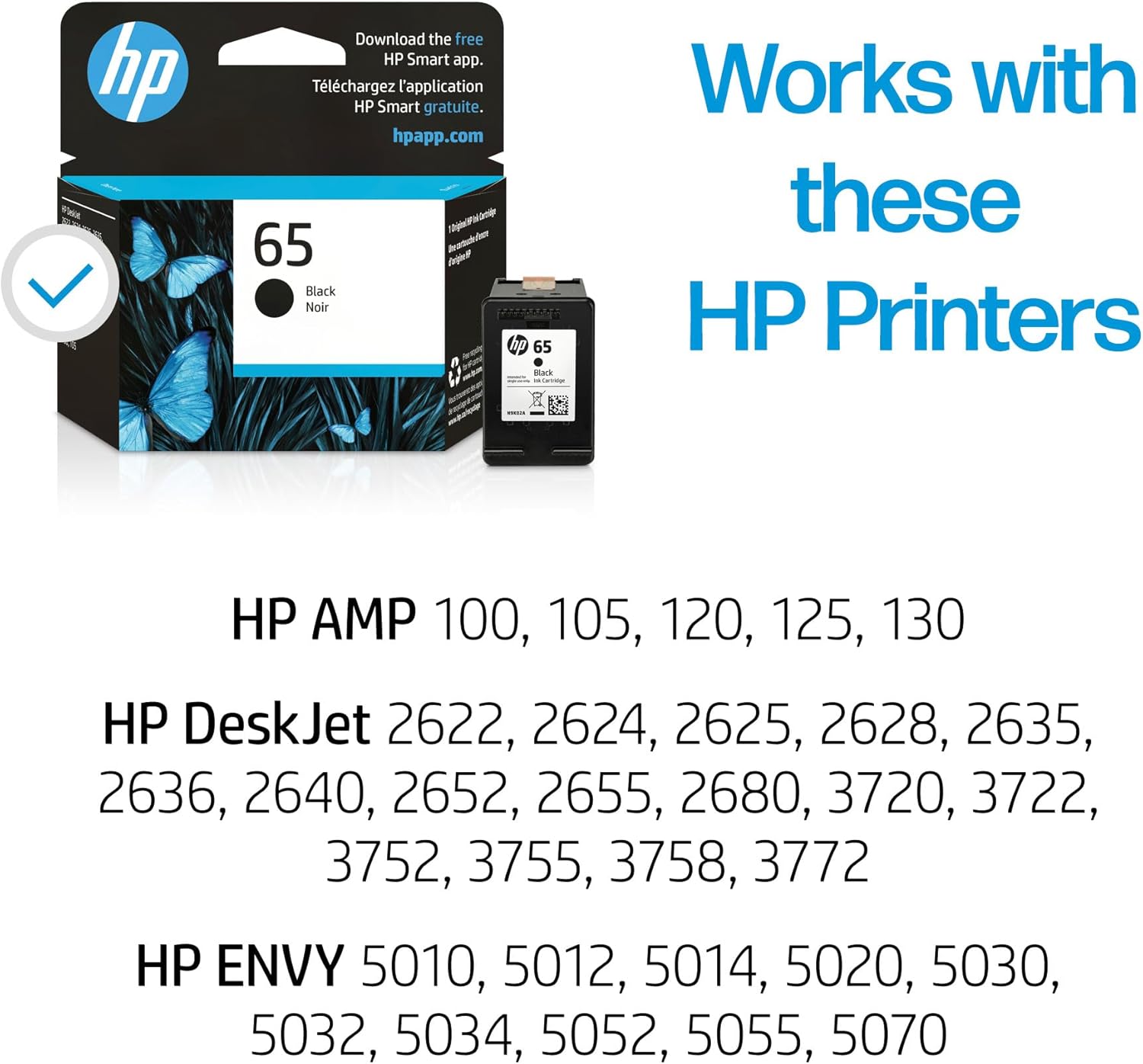 Original HP 65 Black Ink Cartridge | Works with HP AMP 100 Series, HP DeskJet 2600, 3700, 5000 Series, HP ENVY 5000 Series | Eligible for Instant Ink | N9K02AN - Image 2