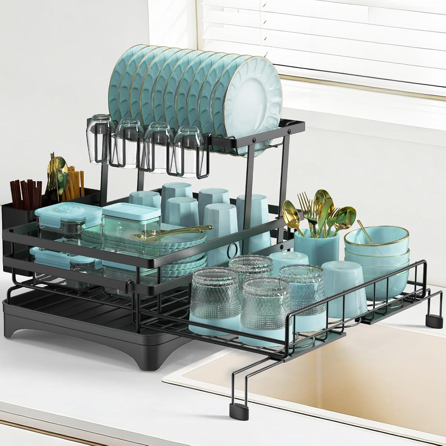 AULEEP 2 Tier Dish Drying Rack, 2-in-1 Expandable Dish Drying Racks for Kitchen Counter, Anti-Rust Large Dish Drainers for Kitchen Sink with Dish Drying Mat, Cups Holder, Utensil Holder