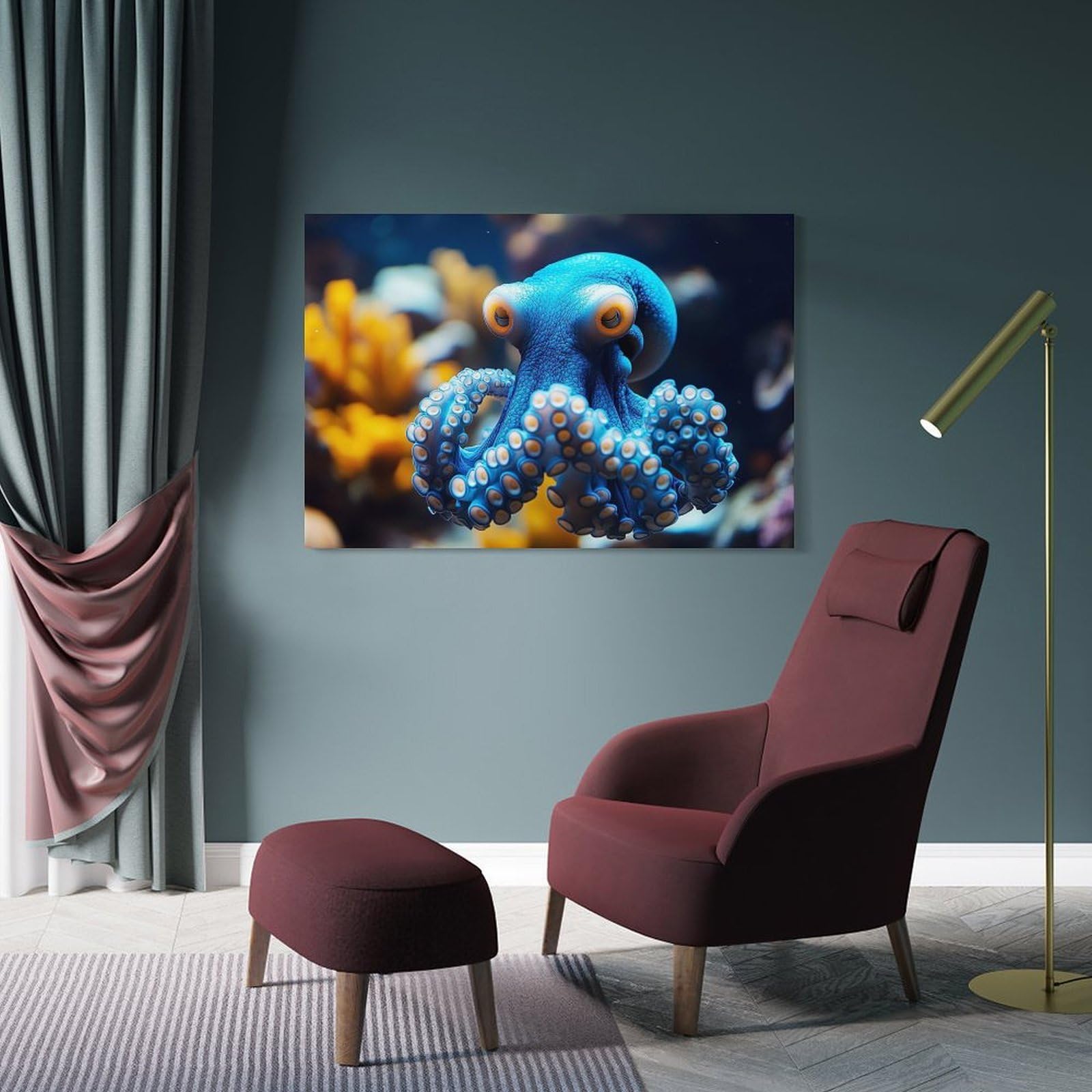 Junmoney Frame-Style-2 Cute Blue Octopus In Coral Reef Hanging Wall Art, 20X30inch(50X75cm), For Lounge, Bedroom Or Personal Spaces, Gift Idea For Housewarming And Birthdays