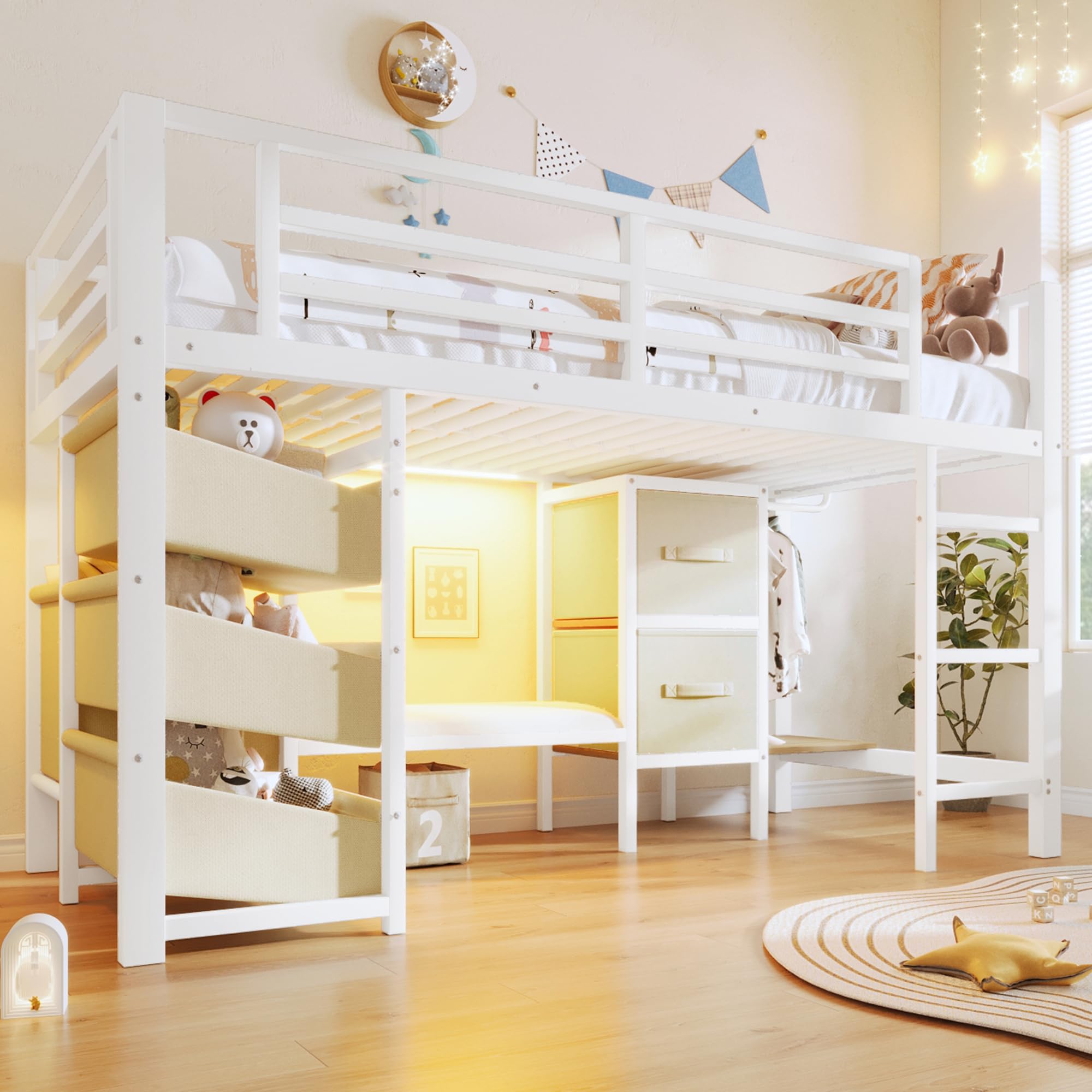 Lit enfant 90x200 avec LED,coussin d'assise,tiroir de rangement en tissu,sac de rangement en tissu,espace patère,lit mezzanine enfant en métal,cadre de lit mi hauteur 90x200 avec sommier (A-Blanc)