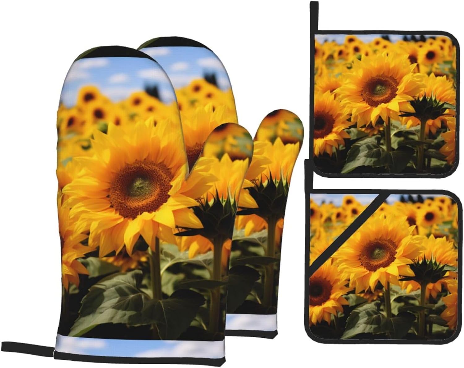 (Yellow Sunflower Field) Baking 4-Piece Set: 2 Oven Mitts and 2 Pot Holders Heat Resistant Waterproof Hanging Loop for Kitchen Oven Grill Housewarming Gifts