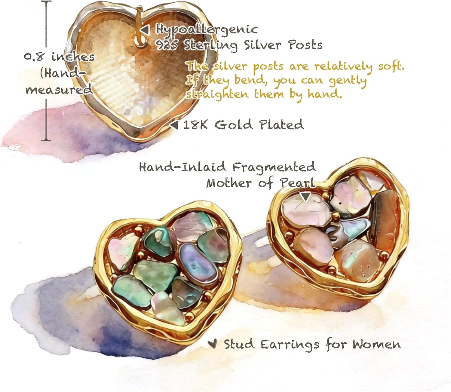 Heart and Leaf Shaped Stud Jewelry Earrings for Women, Natural Shell Pearl Nacre Mother of Pearl in White and Colors, 18K Gold Plated Romantic Love Gift, Hypoallergenic 925 Sterling Silver Posts