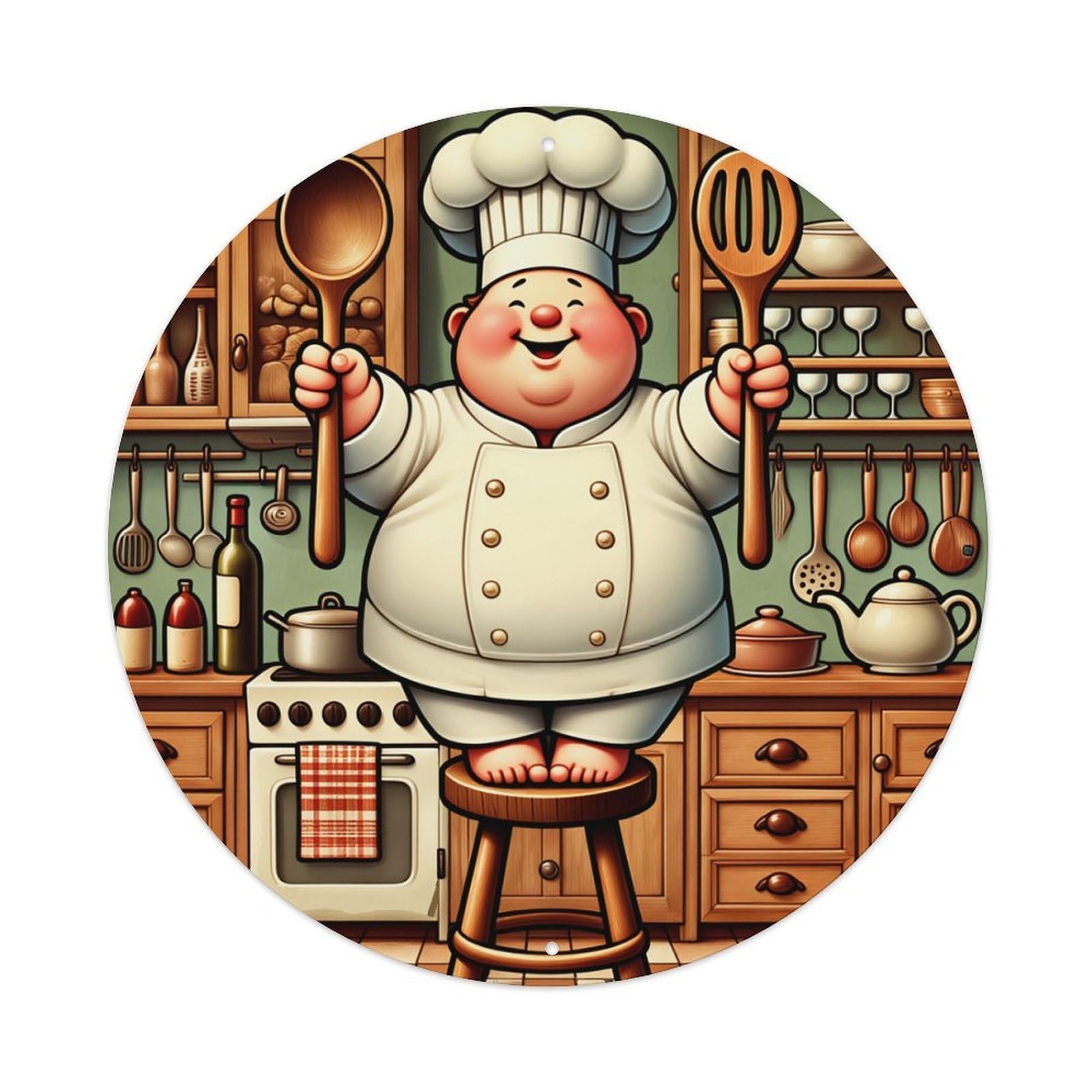 Chef Holding Spoons In Kitchen Round Tin Sign Retro Metal Sign for Cafe Bar Pub Home Game Room Gym Club Wall Decoration Vintage Metal Poster 8x8 Inch