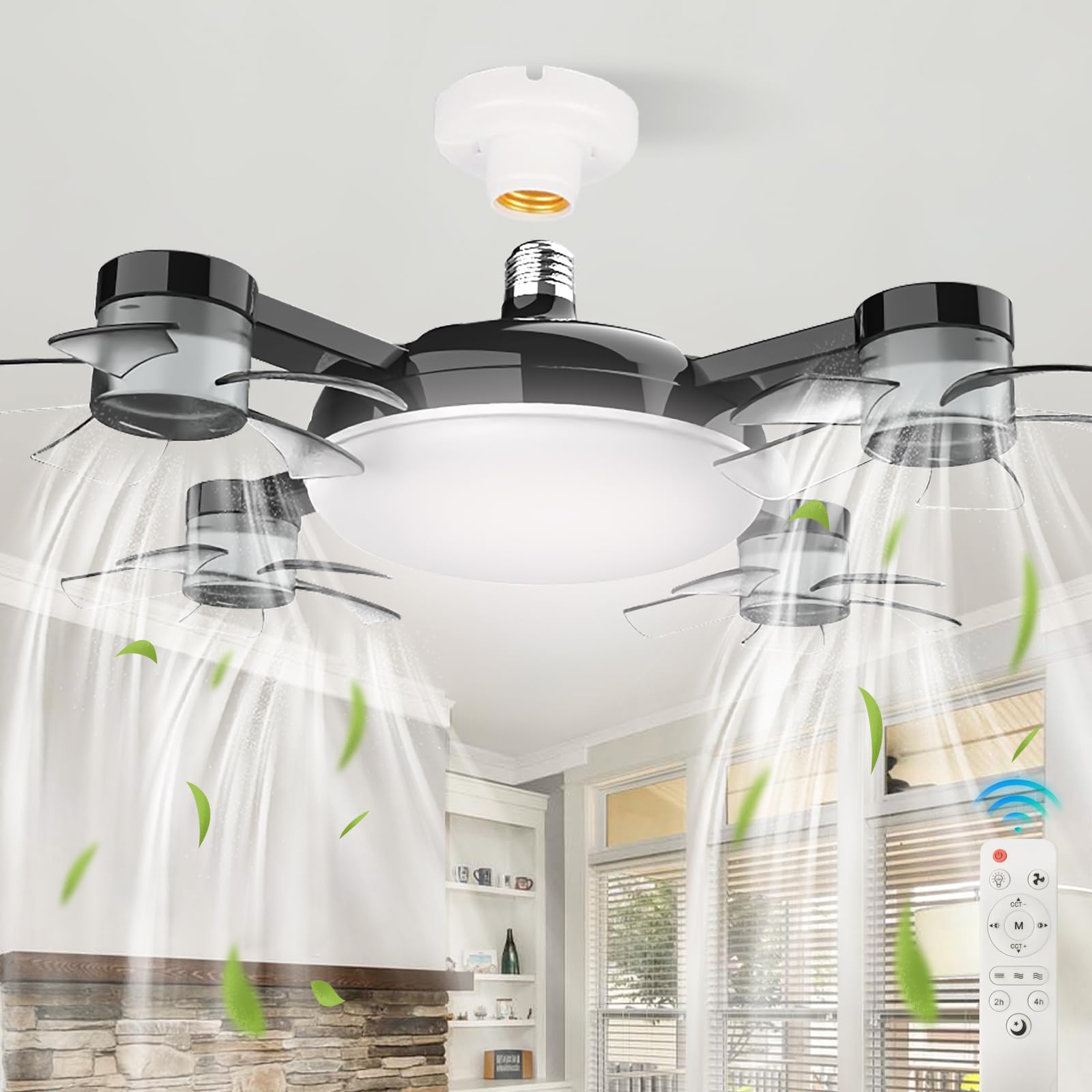 HXYSXHJUO E27 Drone-Shape Fans with Lights, Ceiling Lamps Remote, 3-Speed Quiet Fan Light Ceiling, 3-Color Dimmable LED Kit, Low Profile Mount for Bedroom, Living Room, Lounge-Black