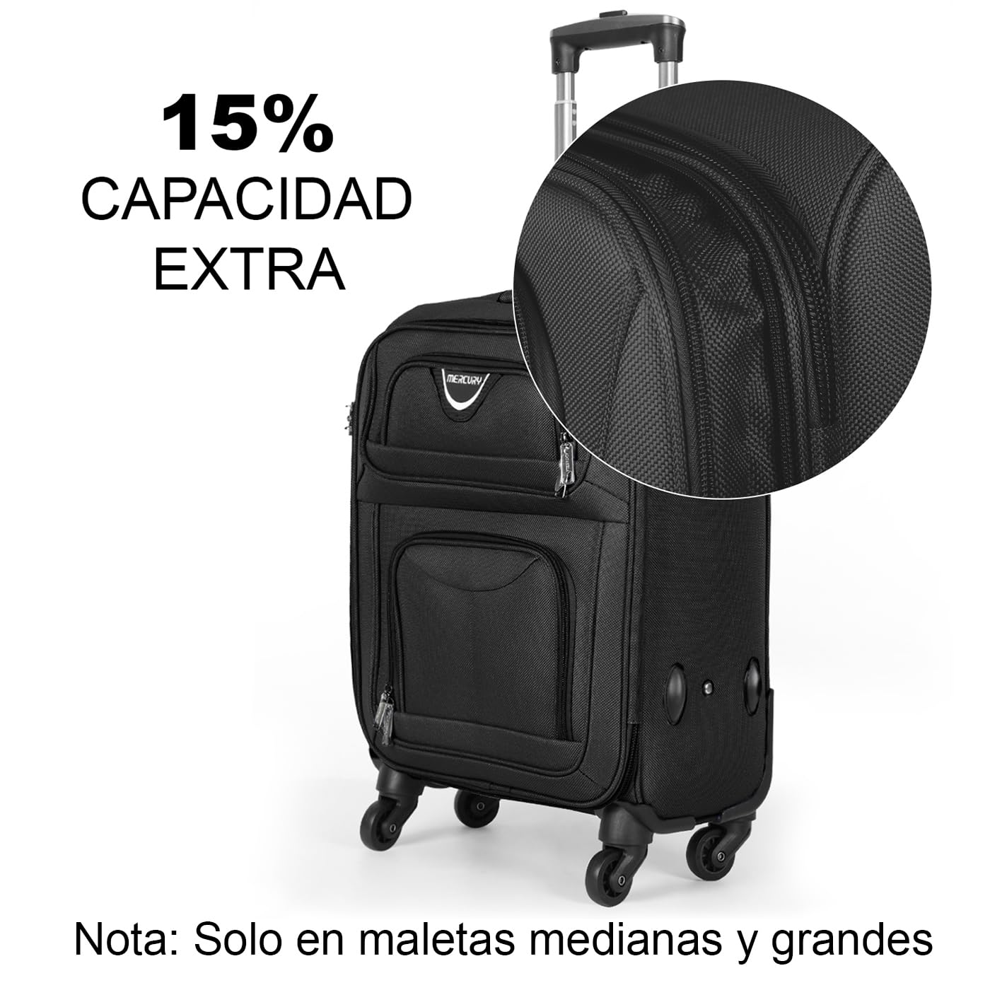 MERCURY TEXTIL - Juego de Maletas 3pcs de Tela (Negro) | con 4 Ruedas Giratorias 360°, Expandible (Cabina, Mediana y Grande), Cierre de Seguridad - Ideal para Viajes y Vacaciones