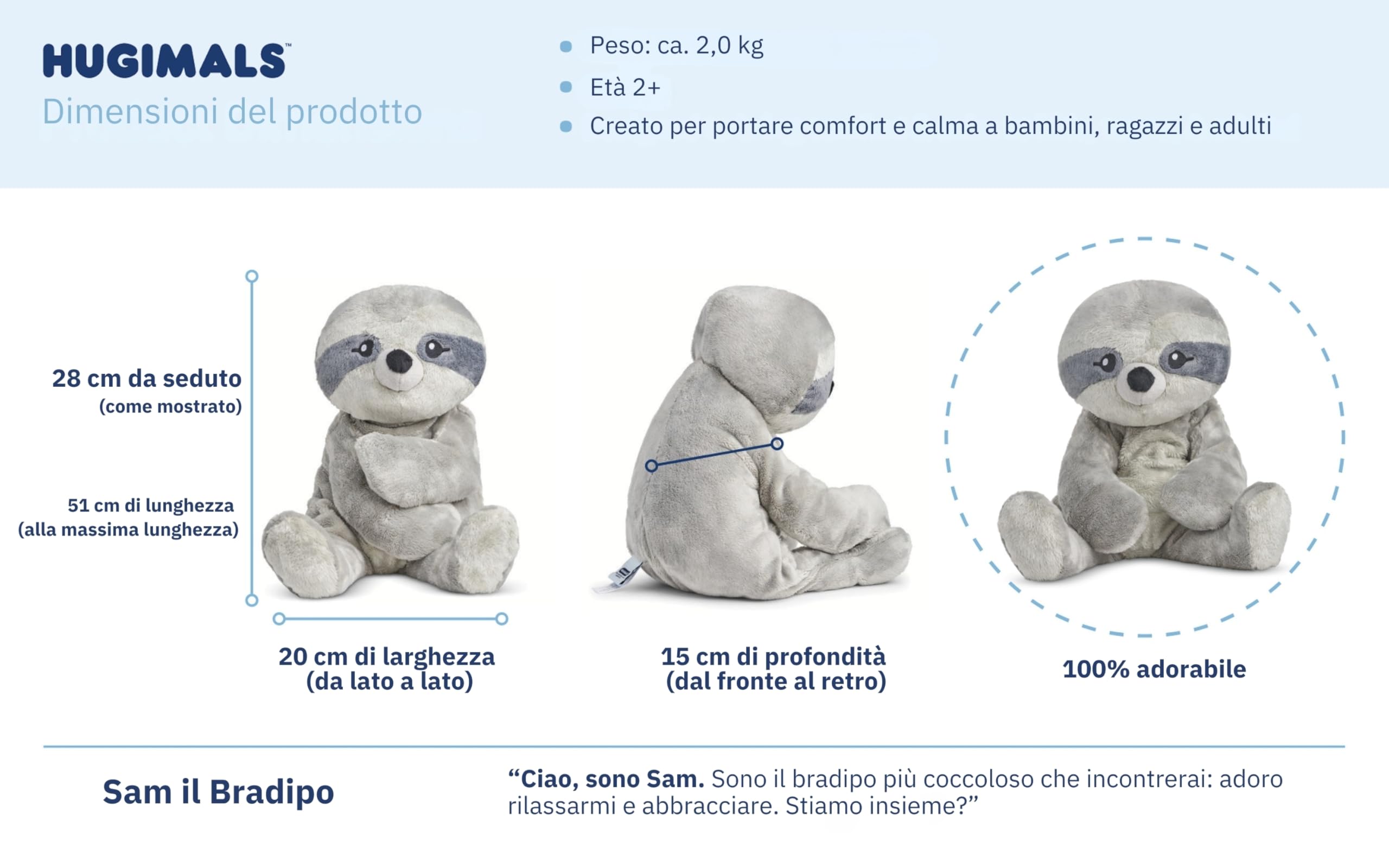 HUGIMALS Peluche Ponderato Sensoriale 2kg Con Peso Rimovibile E Lavabile Pupazzo Calmante Per Bambini E Adulti
