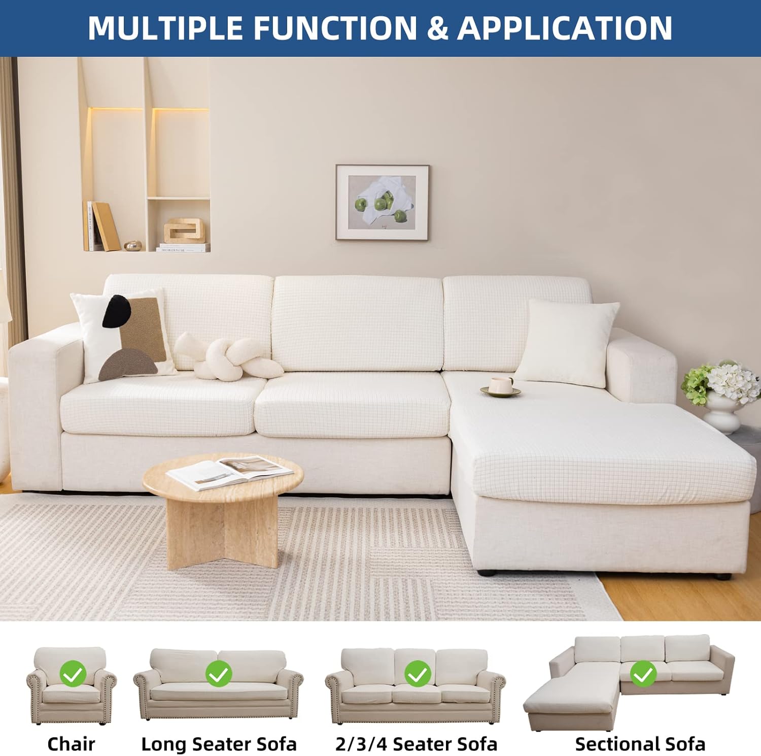 Eismodra Couch Cushion Covers Magic Stretch Sofa Slipcover for 3 Cushion Couch Dogs Pet L Shape 2 Seat Replacement Furniture Protector,Cream White Length 25-37 inches(Only 1 Piece)