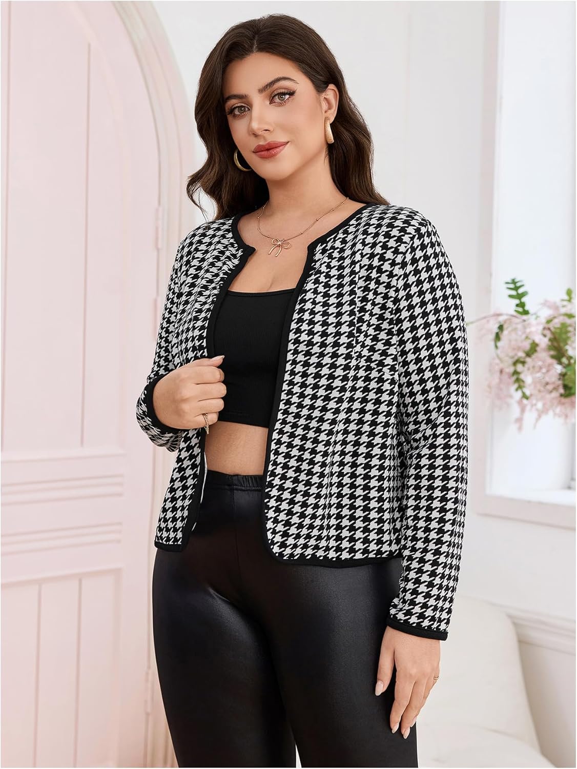 WDIRARA Women's Plus Size Houndstooth Open Front Long Sleeve Jacket Outerwear - Image 3