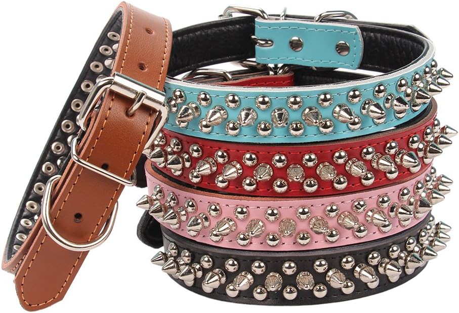 Aolove Rivet Spiked Studded Padded Genuine Leather Pet Collars for Puppy or Medium Dogs (Large, Blue)